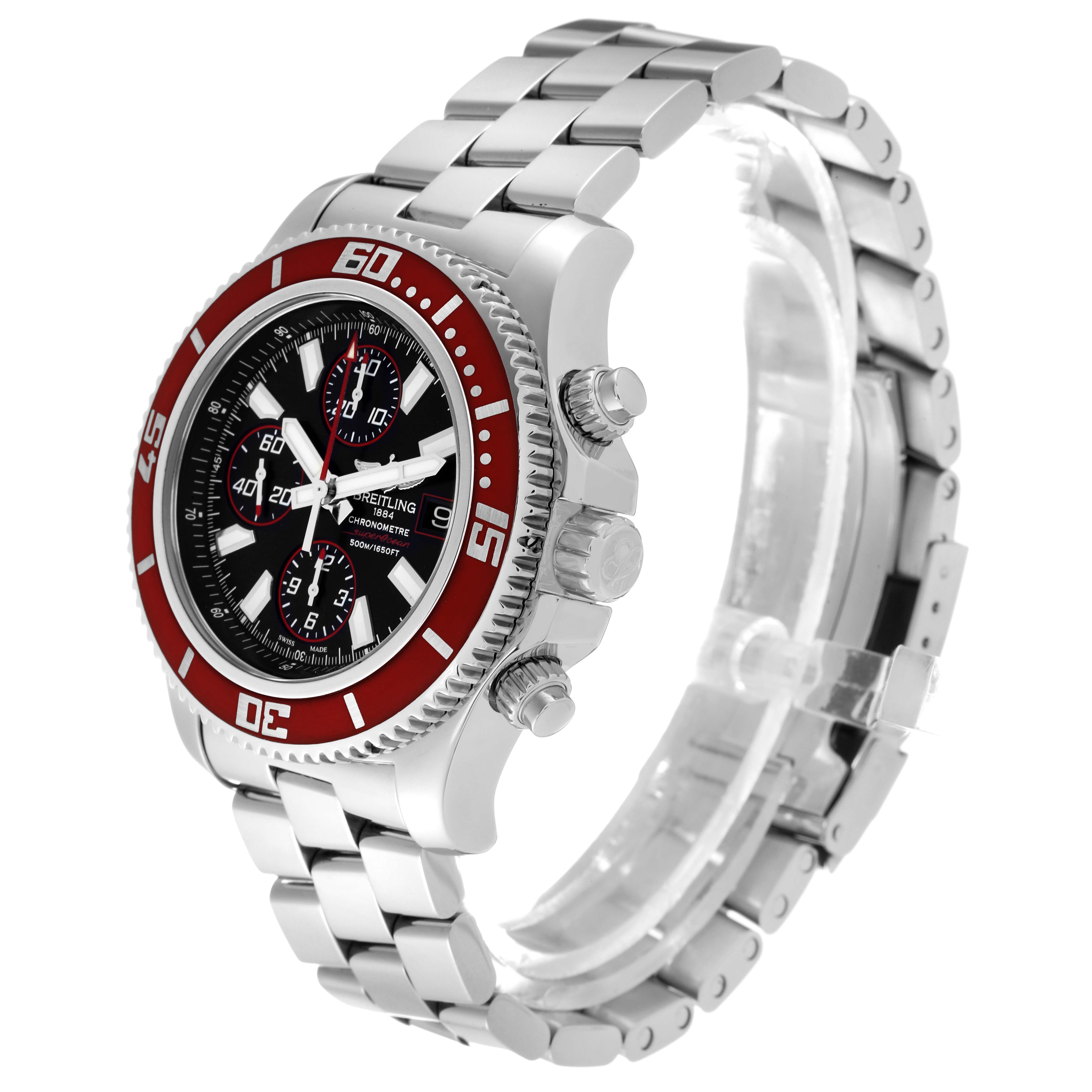 The Breitling Superocean A13341 Men's Stainless Steel Black Dial A13341 Men's Stainless Steel Black Dial watch is shown at a three-quarter angle, highlighting its red bezel, chronograph dials, and stainless steel bracelet.