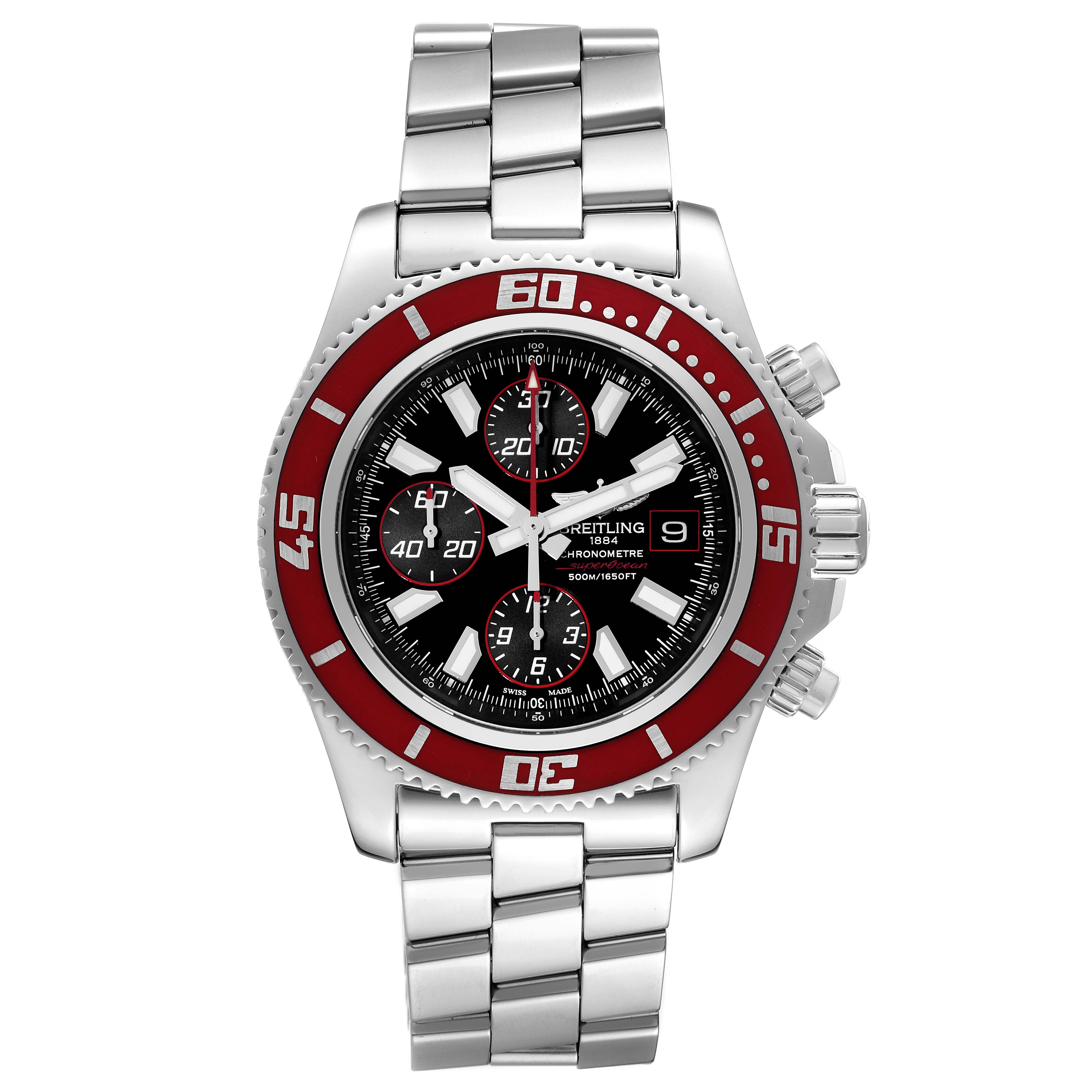 This image shows a front view of the Breitling Superocean A13341 Men's Stainless Steel Black Dial A13341 Men's Stainless Steel Black Dial watch displaying its face, bezel, and metal bracelet.