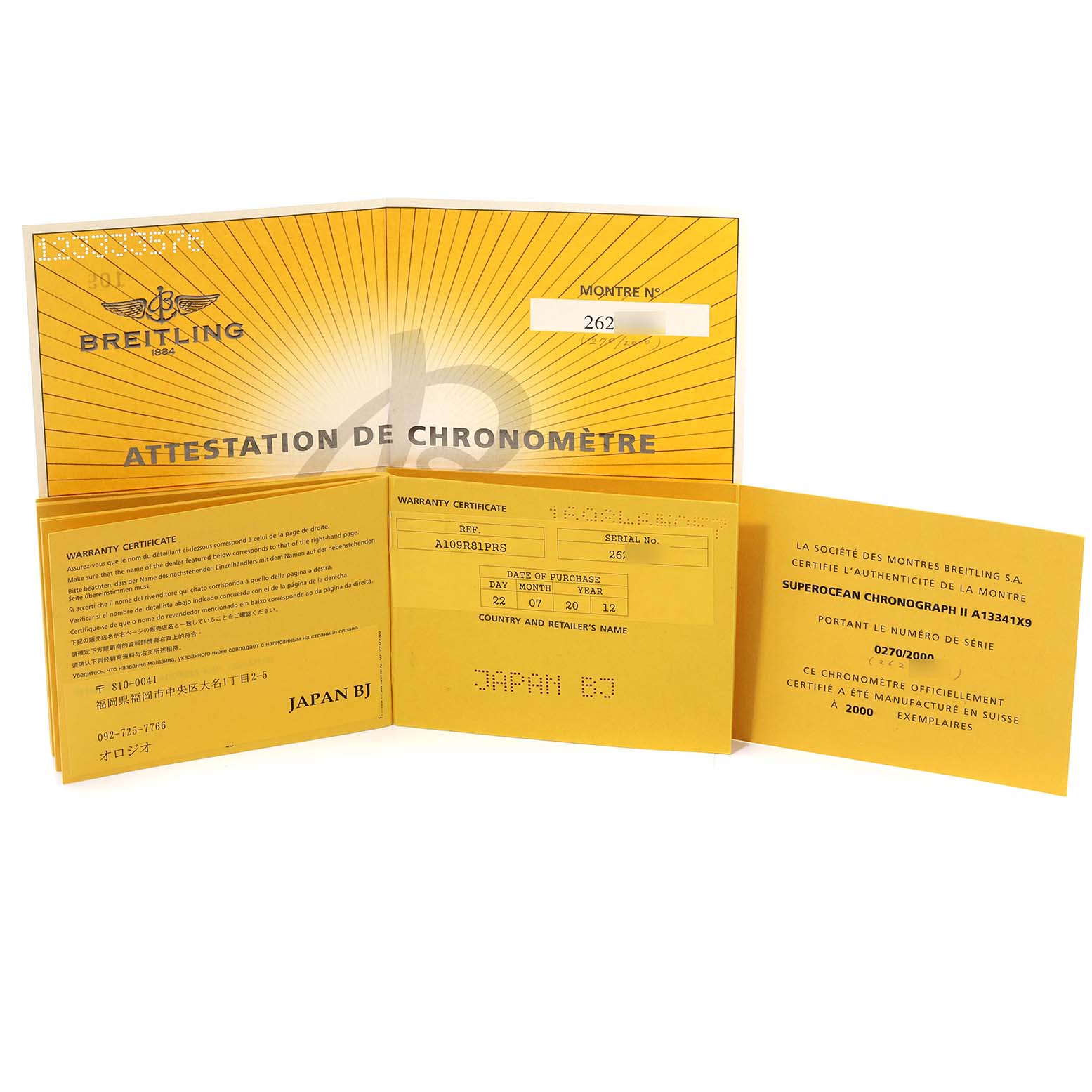 The image shows warranty certificates and documents for the Breitling Superocean A13341 Men's Stainless Steel Black Dial A13341 Men's Stainless Steel Black Dial watch model.