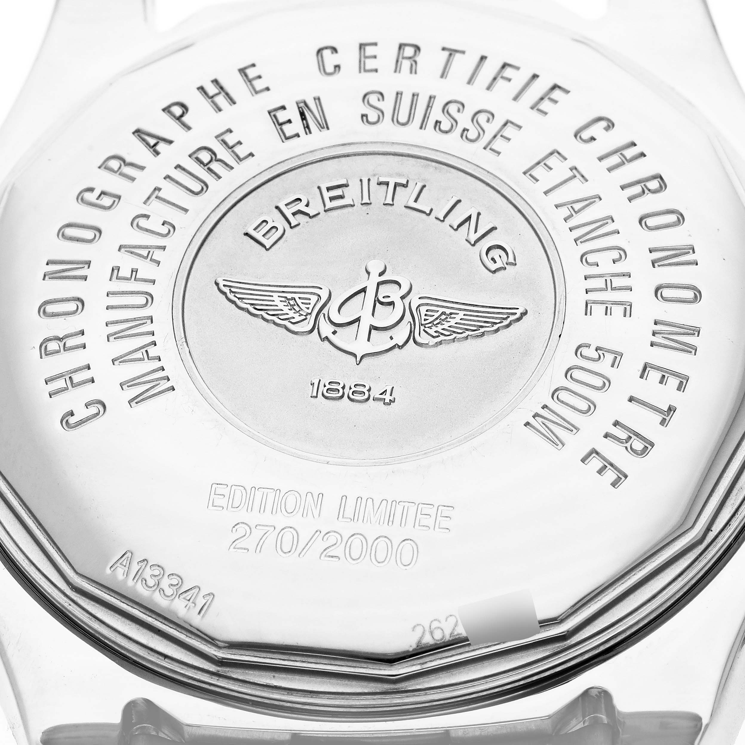 The image shows the back case of the Breitling Superocean A13341 Men's Stainless Steel Black Dial A13341 Men's Stainless Steel Black Dial watch, highlighting its engravings and limited edition number.