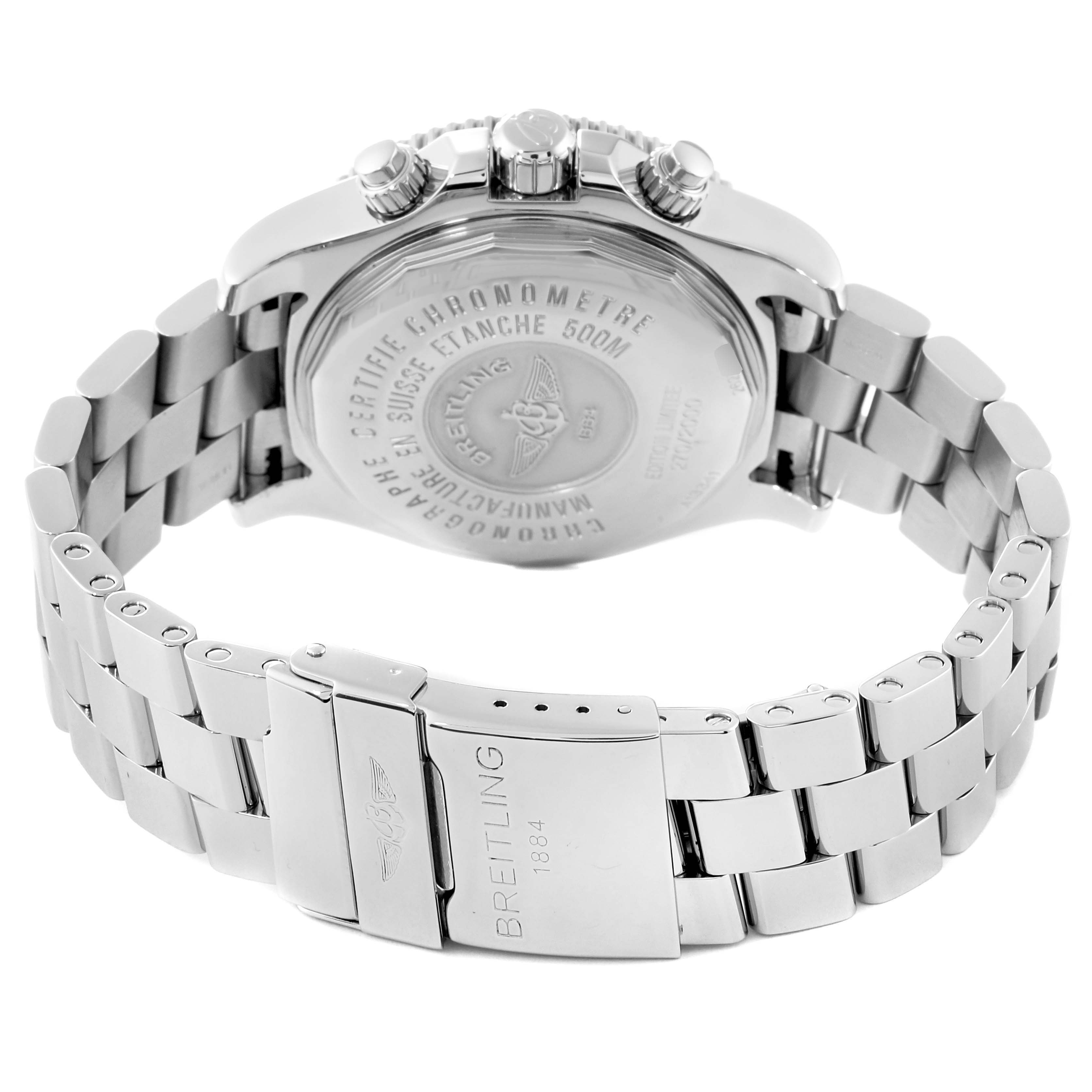 The image shows the back case and bracelet of the Breitling Superocean A13341 Men's Stainless Steel Black Dial A13341 Men's Stainless Steel Black Dial watch at a rear angle.