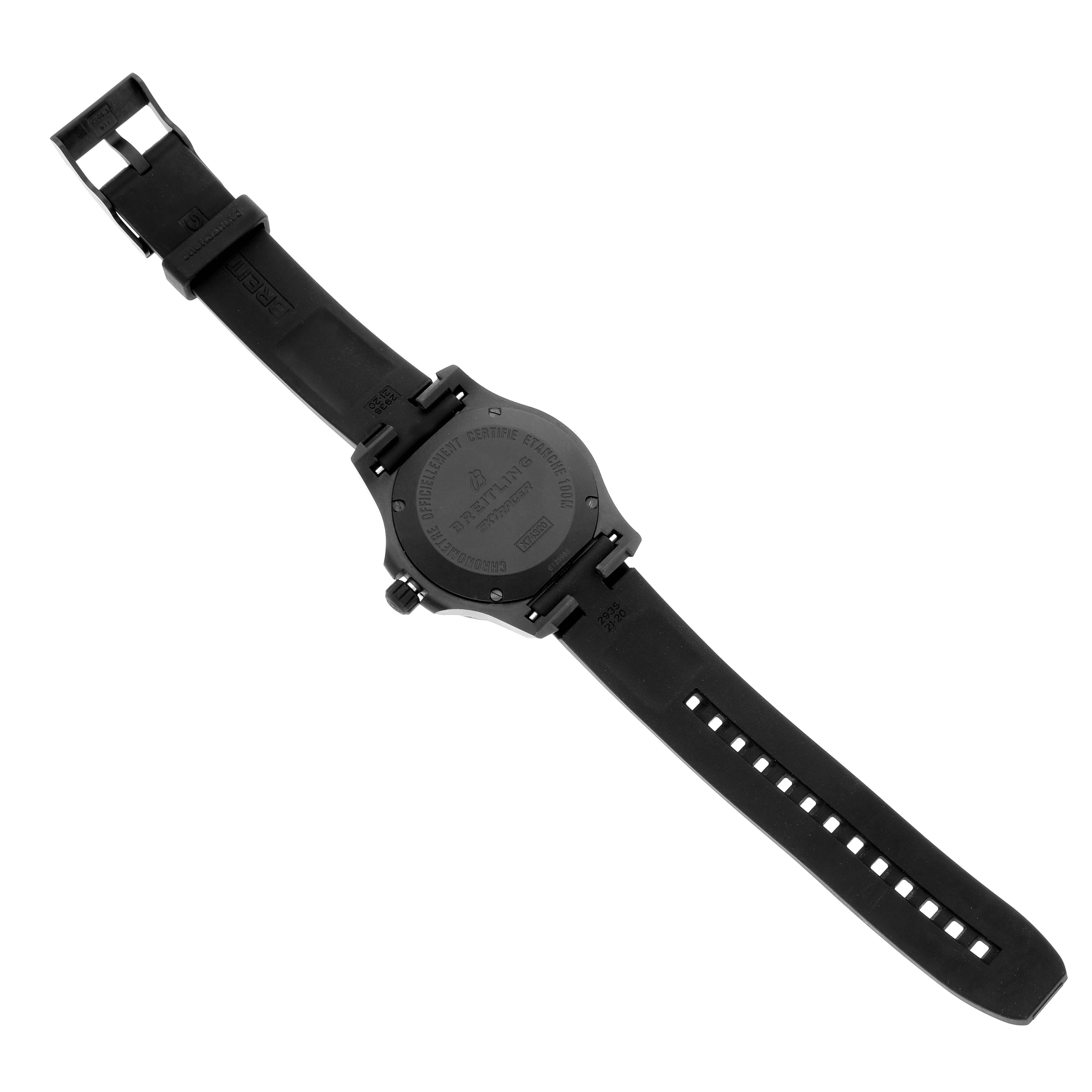 This image shows the underside of a Breitling Colt X74320 Men's Titanium Black Dial X74320 Men's Titanium Black Dial watch, including the case back and straps, laid flat.