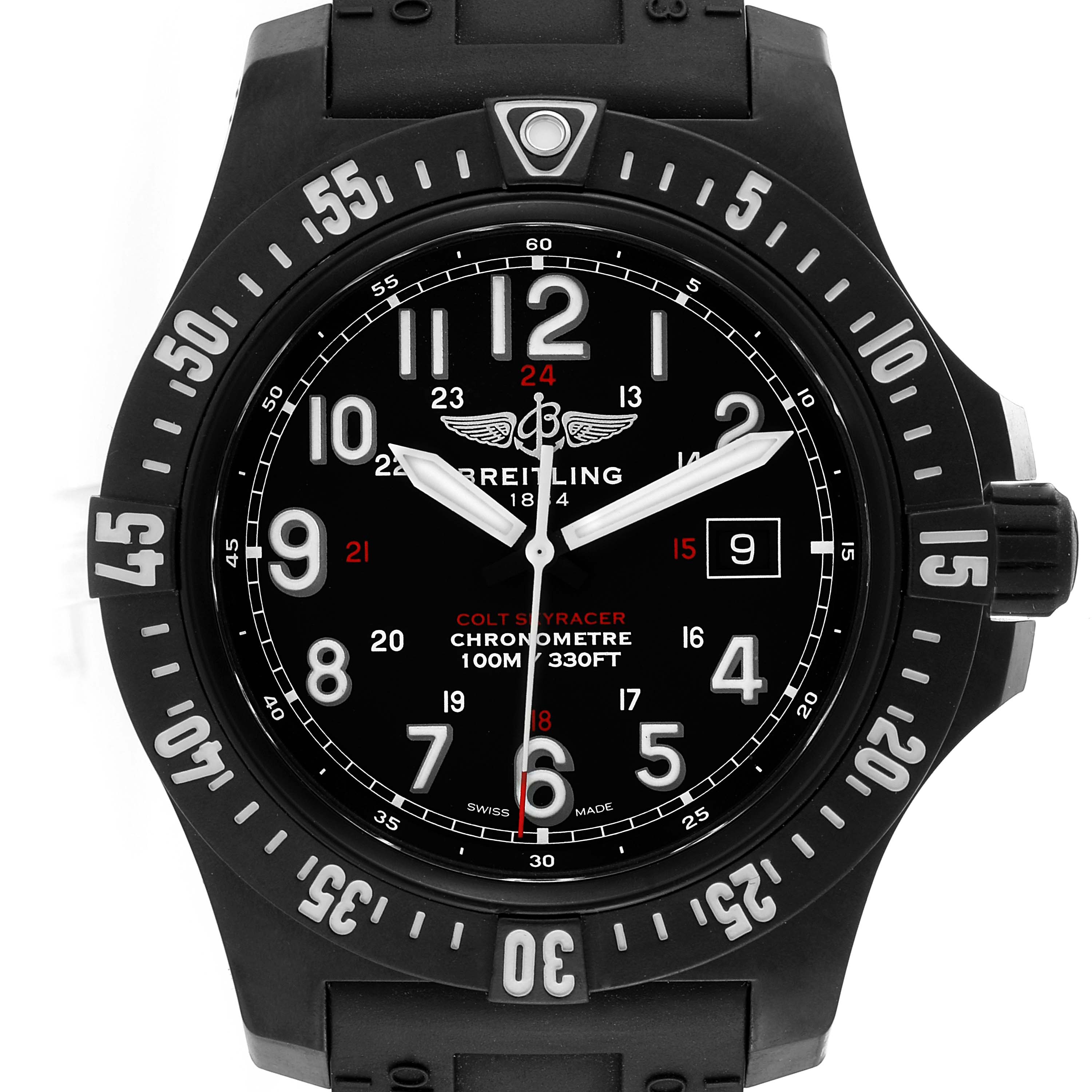 This image shows a front view of a Breitling Colt X74320 Men's Titanium Black Dial X74320 Men's Titanium Black Dial watch, highlighting its face, bezel, and crown.
