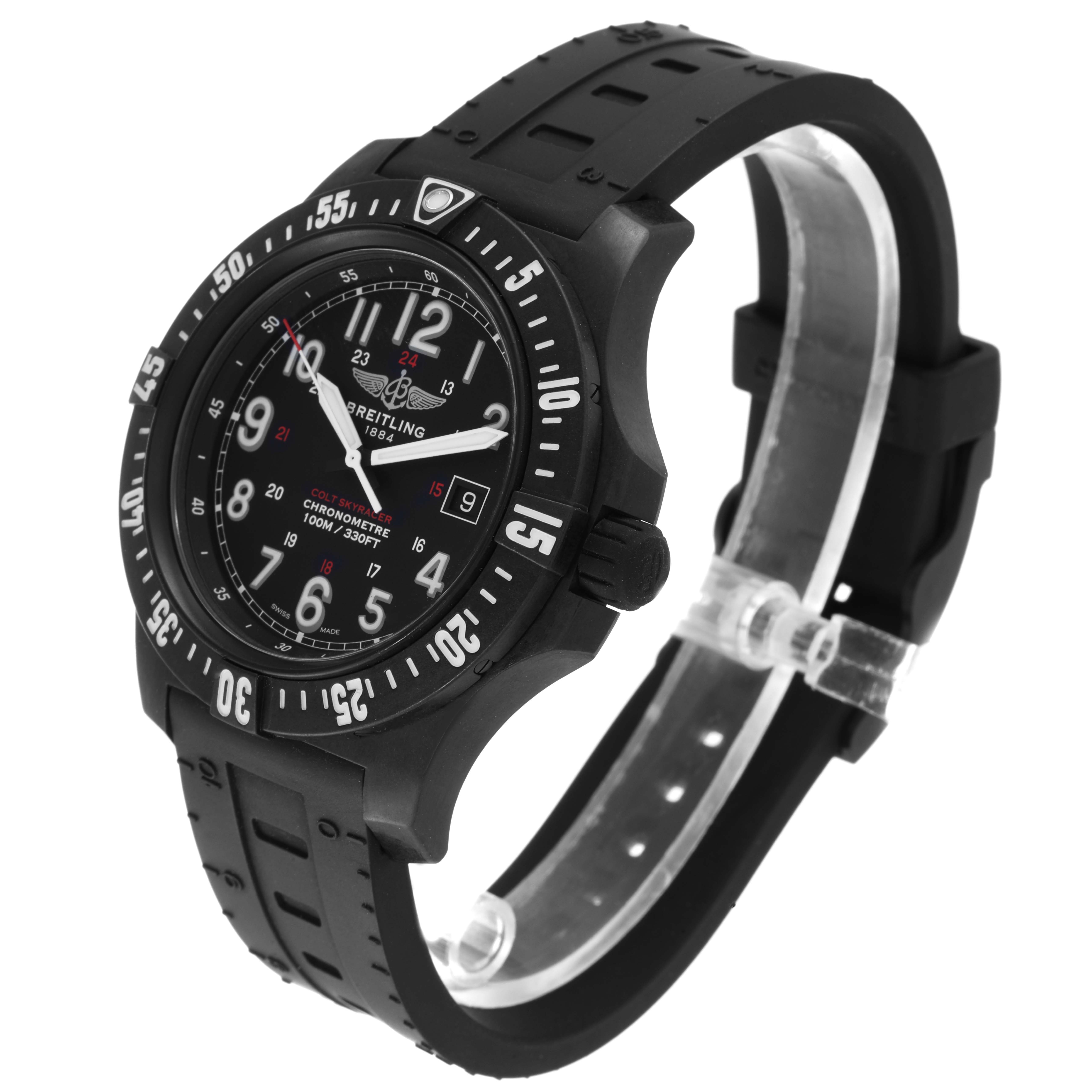 The Breitling Colt X74320 Men's Titanium Black Dial X74320 Men's Titanium Black Dial watch is shown at a three-quarter angle, displaying the face, bezel, crown, and rubber strap.