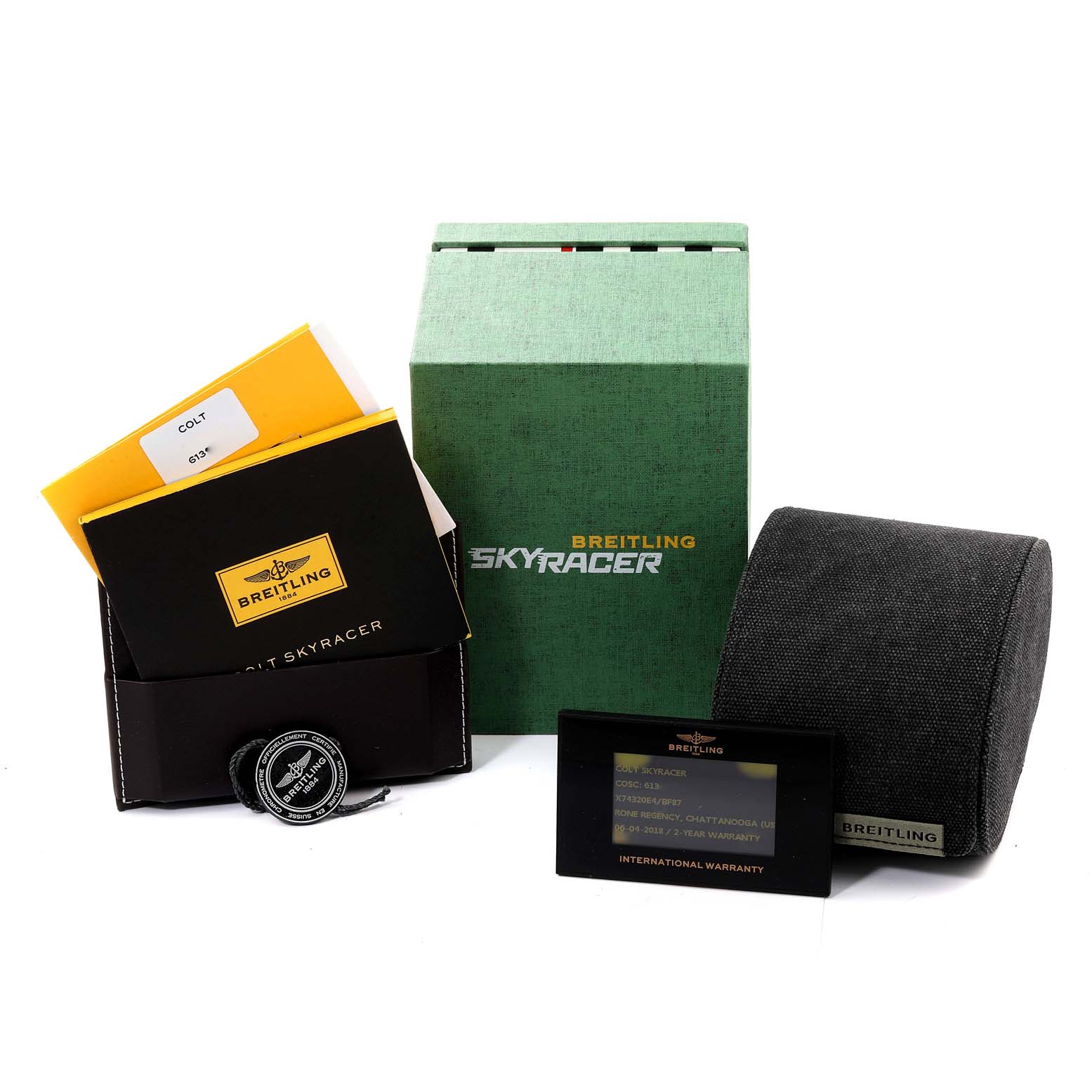 The image shows Breitling Colt X74320 Men's Titanium Black Dial X74320 Men's Titanium Black Dial model accessories, including manuals, a warranty card, and packaging materials.