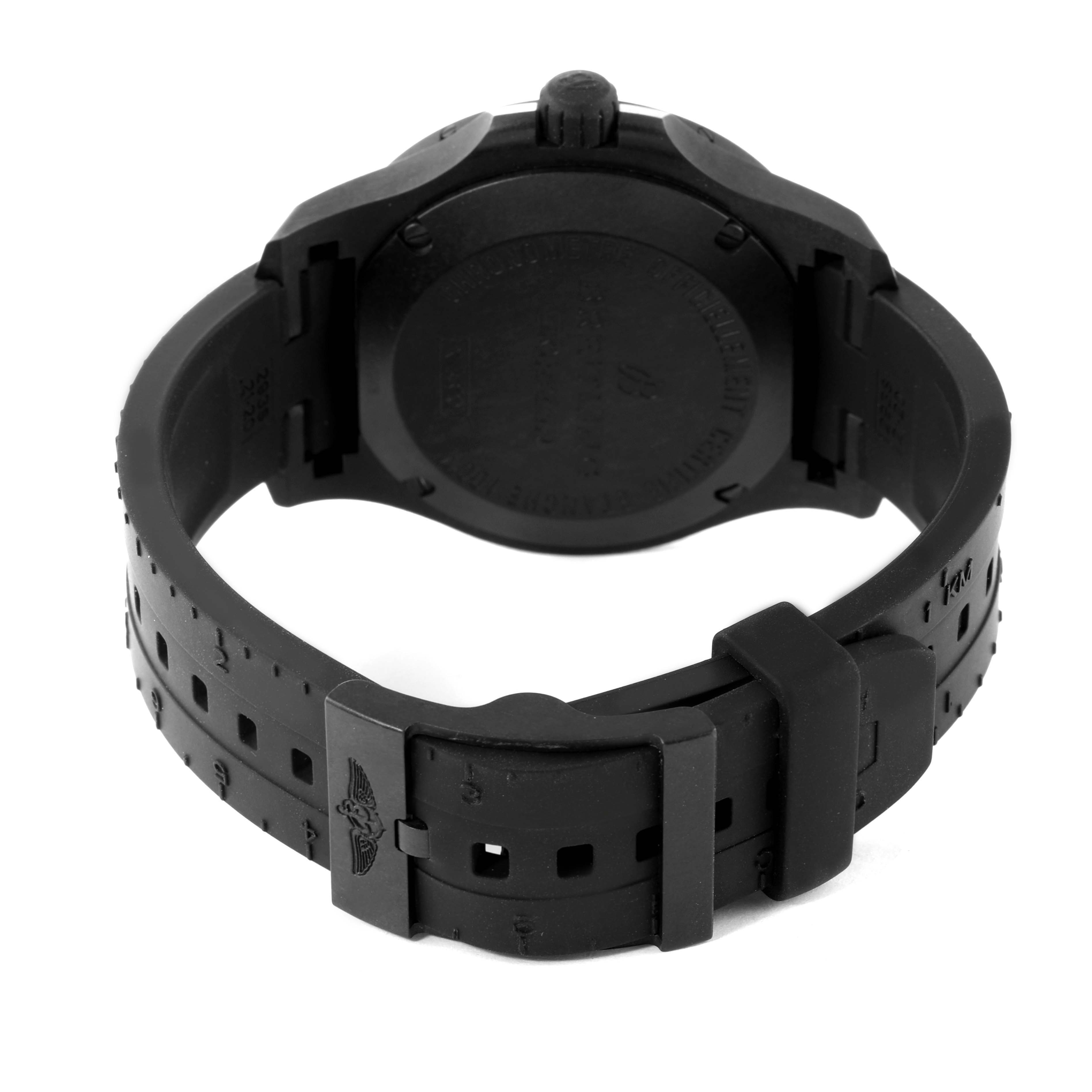 The image shows the back view of a Breitling Colt X74320 Men's Titanium Black Dial X74320 Men's Titanium Black Dial model watch, highlighting the case back and rubber strap.