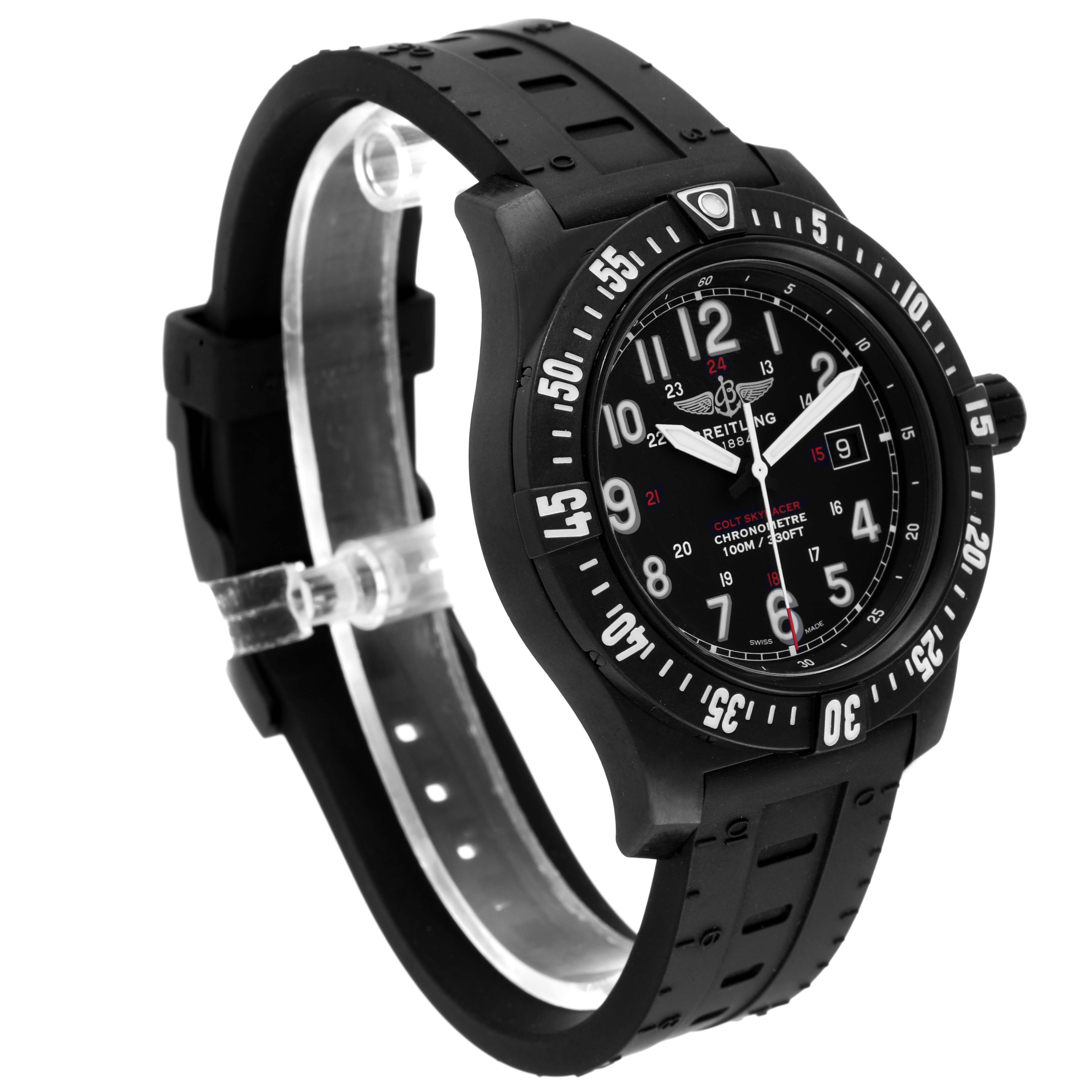 The Breitling Colt X74320 Men's Titanium Black Dial X74320 Men's Titanium Black Dial watch is shown at a three-quarter angle, displaying its black dial, bezel, and rubber strap.