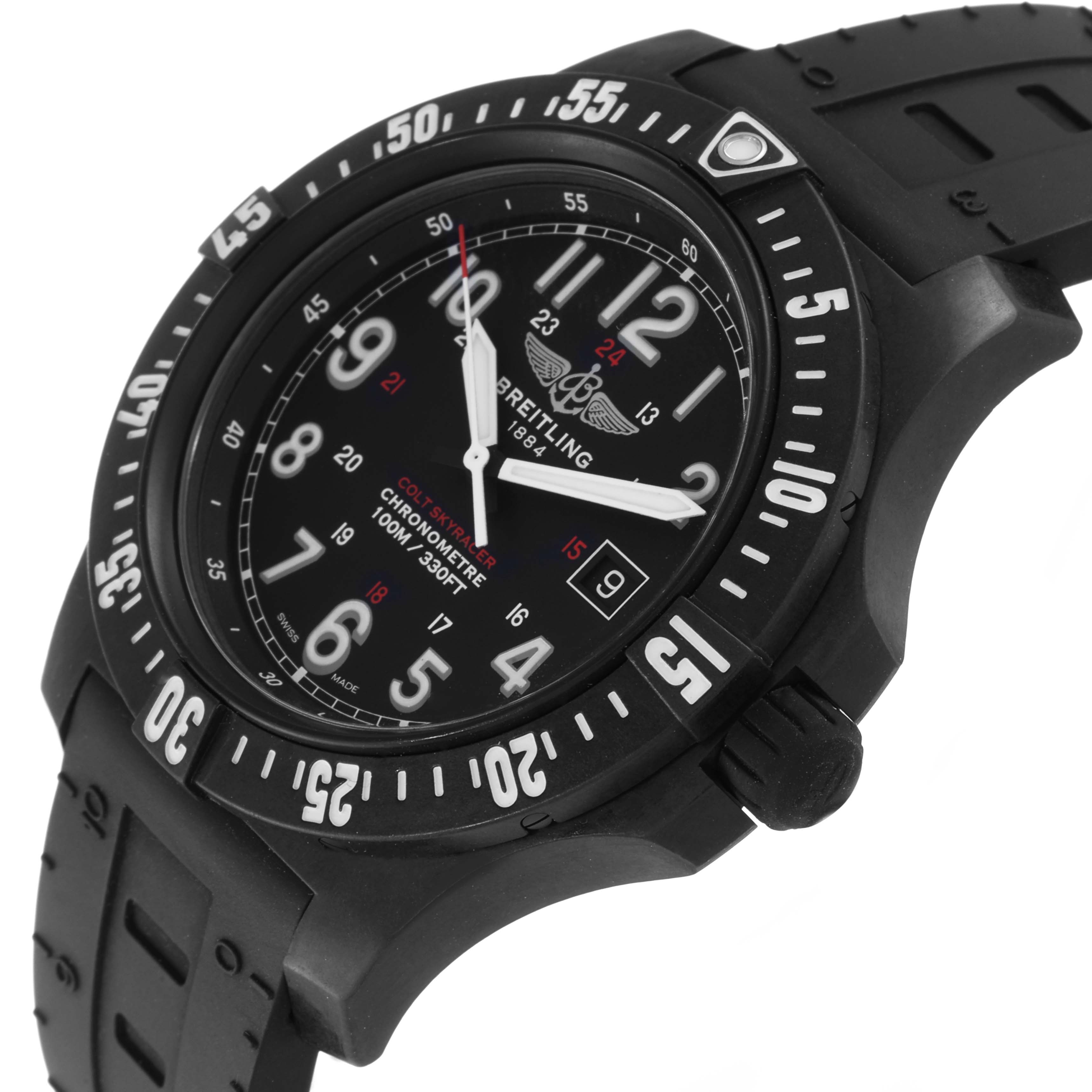The image shows a front angle of the Breitling Colt X74320 Men's Titanium Black Dial X74320 Men's Titanium Black Dial watch, highlighting the face, bezel, and part of the strap.