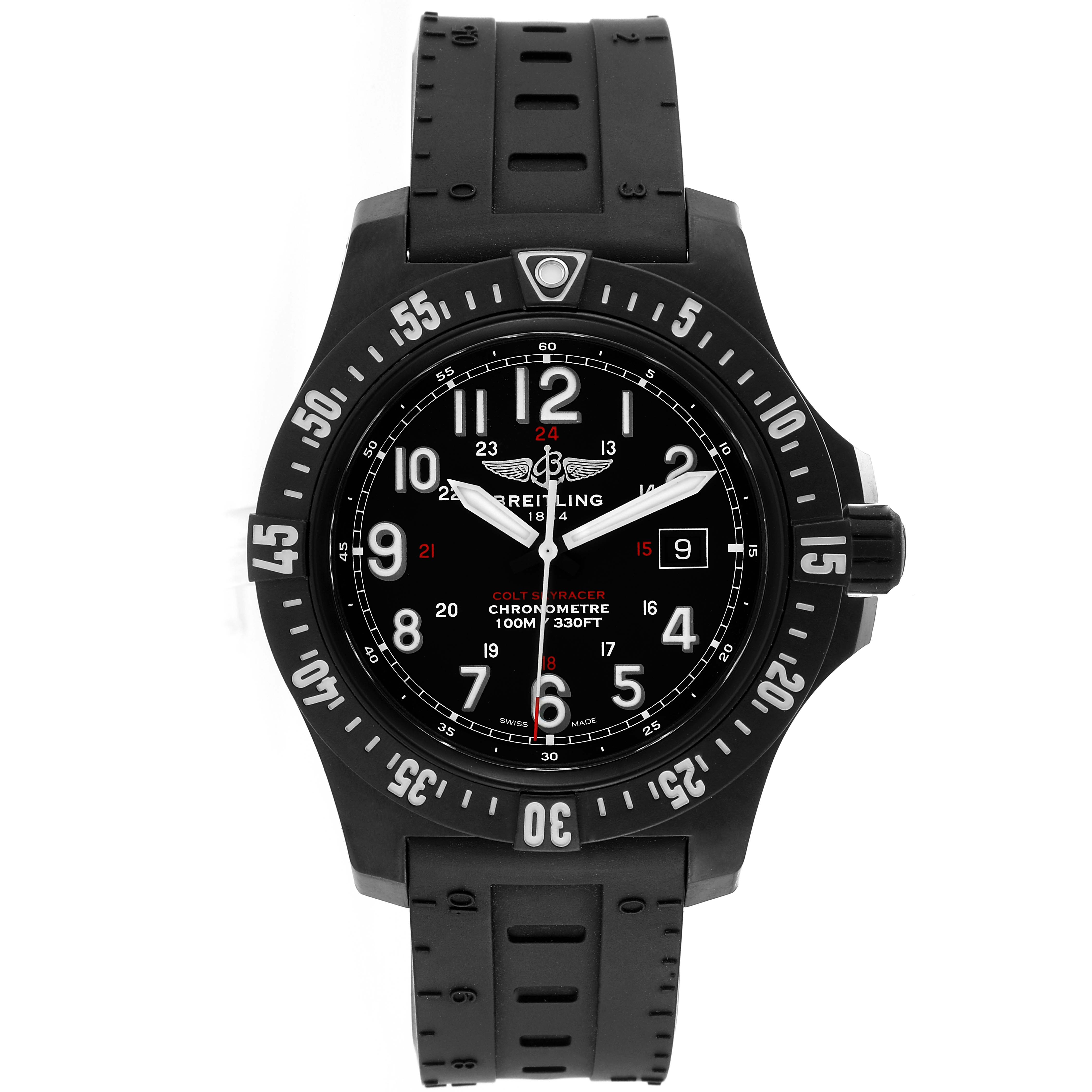 The image shows a front view of the Breitling Colt X74320 Men's Titanium Black Dial X74320 Men's Titanium Black Dial watch, highlighting its black dial, bezel, and strap.