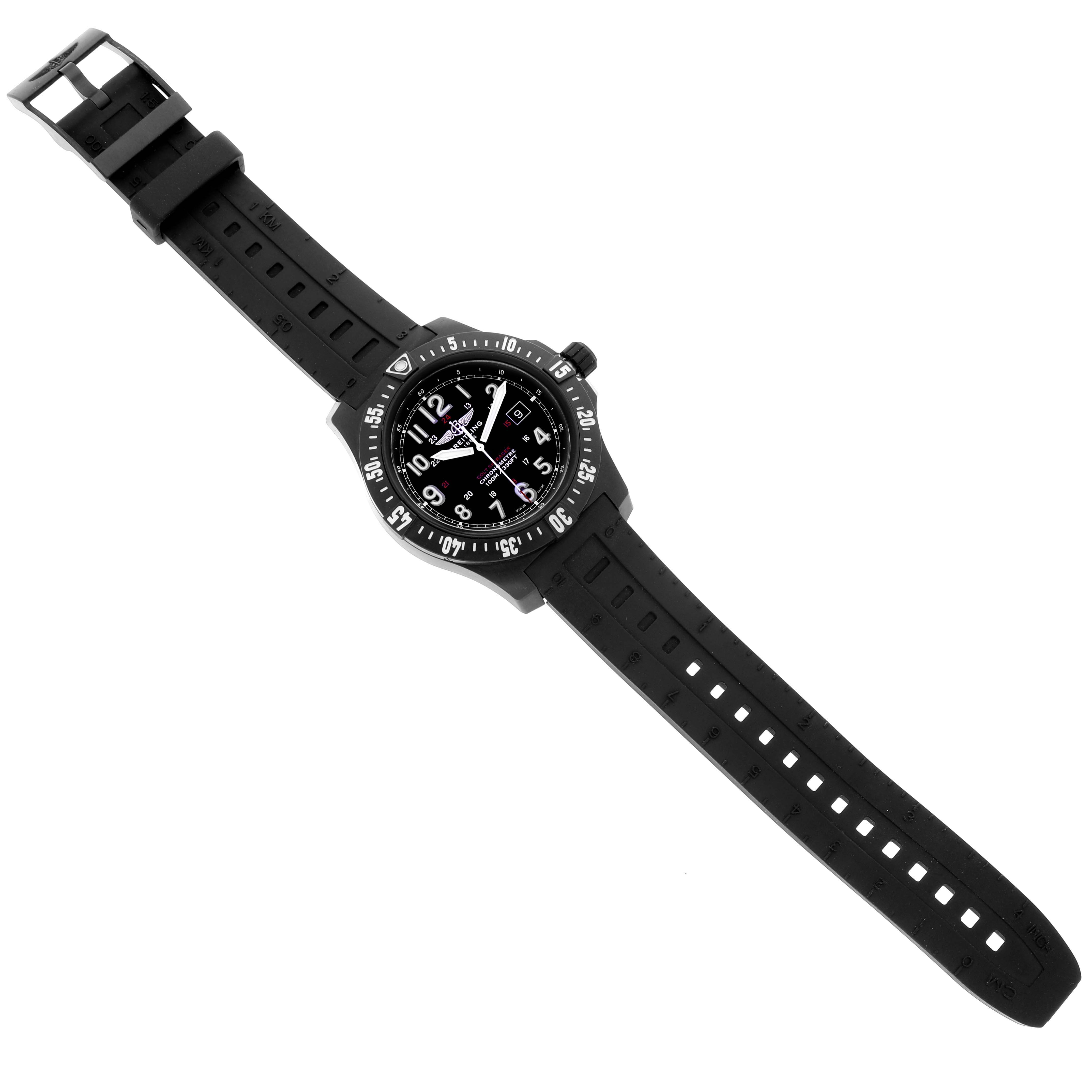 The Breitling Colt X74320 Men's Titanium Black Dial X74320 Men's Titanium Black Dial watch is shown from a top-down angle, displaying the face, bezel, and entire rubber strap.