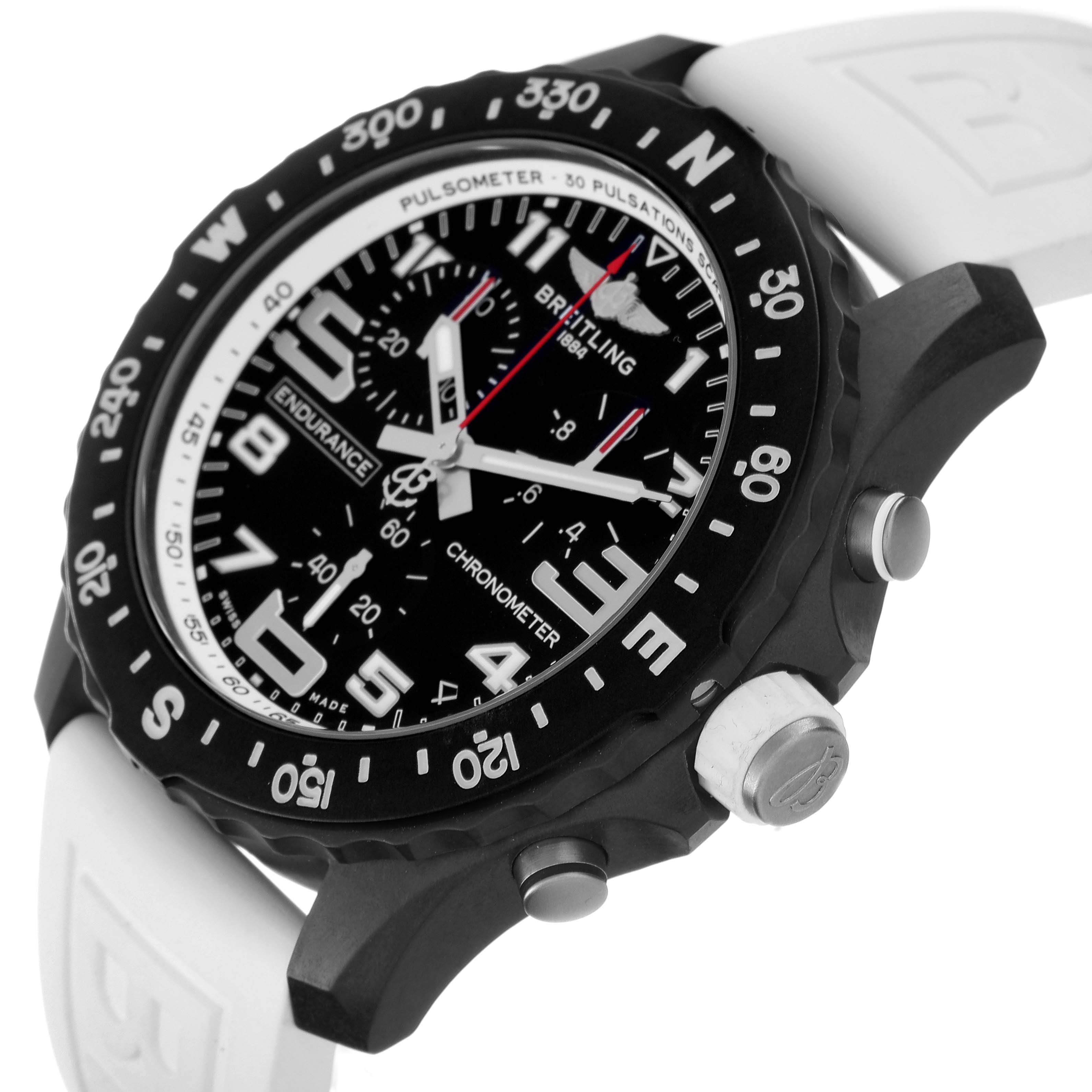 The image shows a Breitling Professional Series X82310 Men's Ceramic Black Dial X82310 Men's Ceramic Black Dial watch at a three-quarter angle highlighting its black dial, bezel, and white strap.
