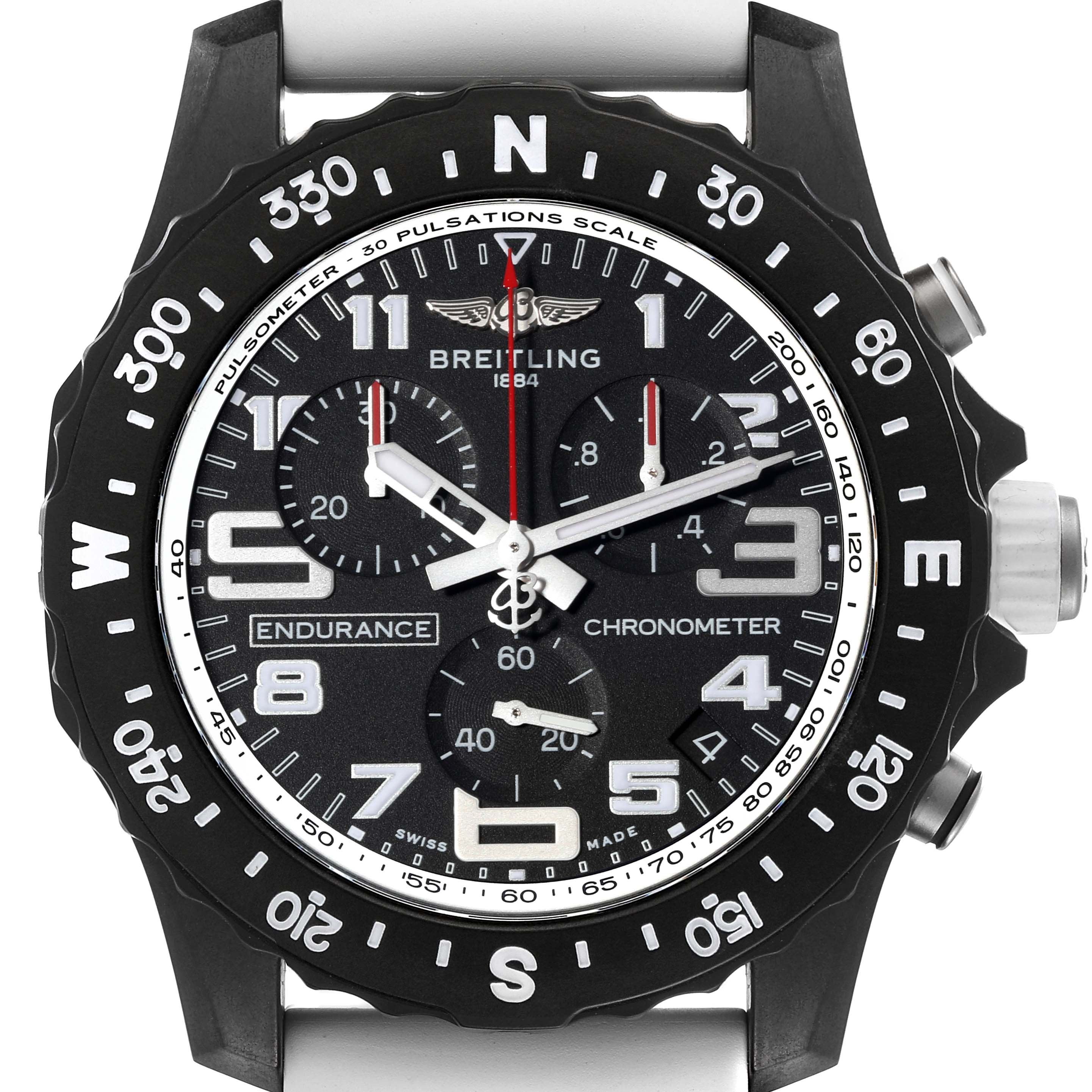 The image shows a front view of the Breitling Professional Series X82310 Men's Ceramic Black Dial X82310 Men's Ceramic Black Dial Endurance chronometer watch, highlighting its dial and bezel features.