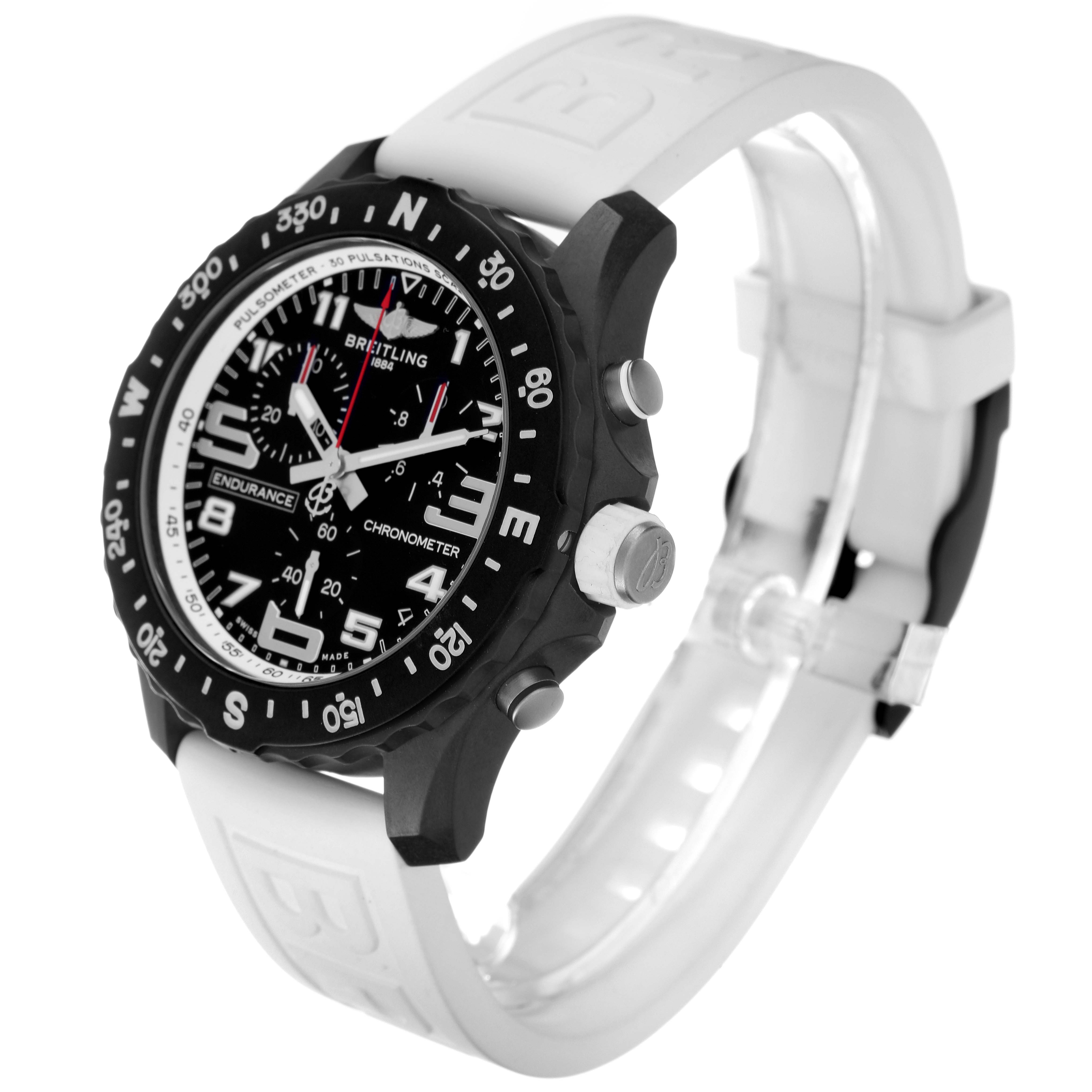 The Breitling Professional Series X82310 Men's Ceramic Black Dial X82310 Men's Ceramic Black Dial watch is shown at an angle highlighting the dial, bezel, pushers, and white band.