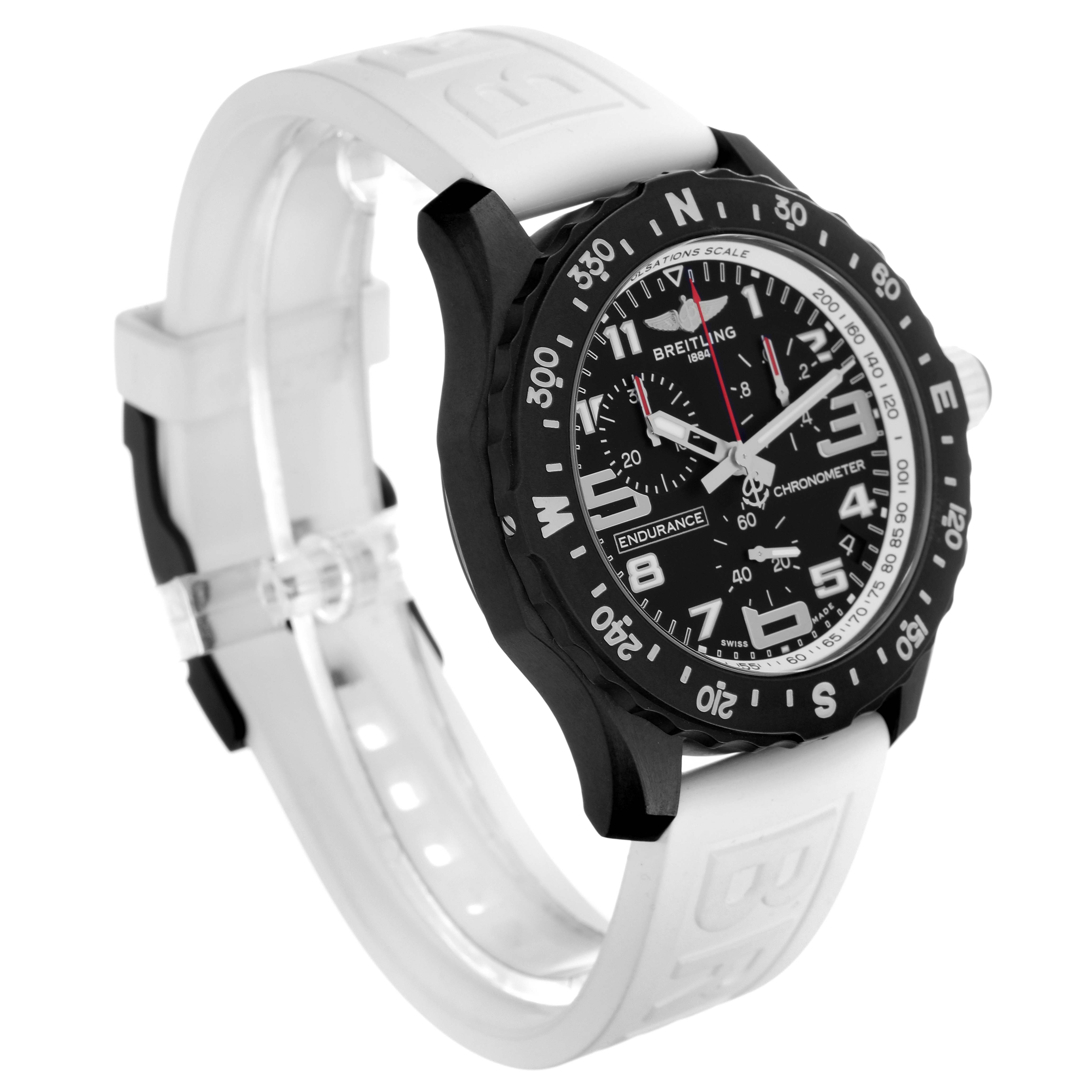 This image shows a three-quarter view of a Breitling Professional Series X82310 Men's Ceramic Black Dial X82310 Men's Ceramic Black Dial watch, highlighting its black bezel, black dial, and white strap.