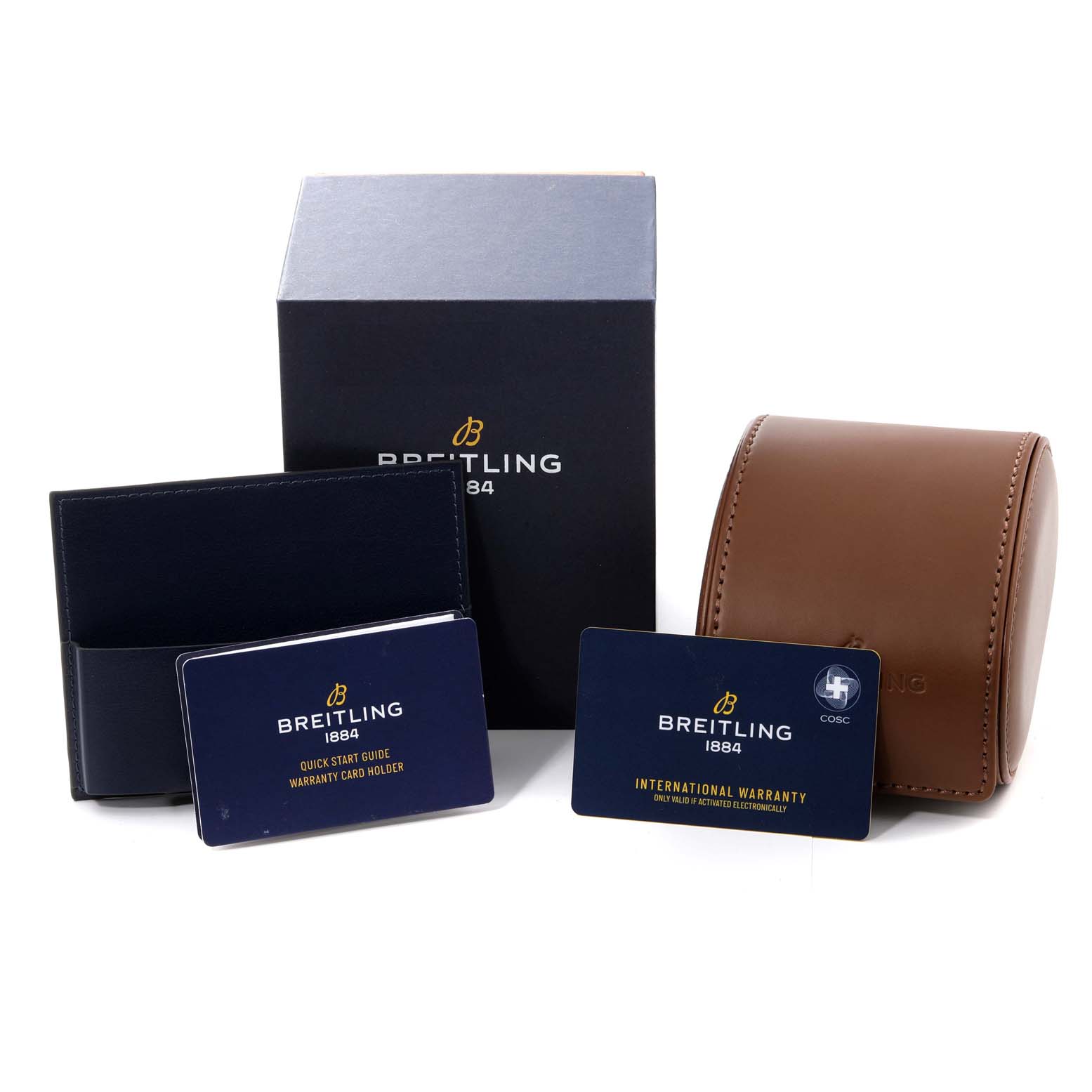 The image shows packaging, a warranty card, a quick start guide, and a brown travel case for the Breitling Professional Series X82310 Men's Ceramic Black Dial X82310 Men's Ceramic Black Dial watch.