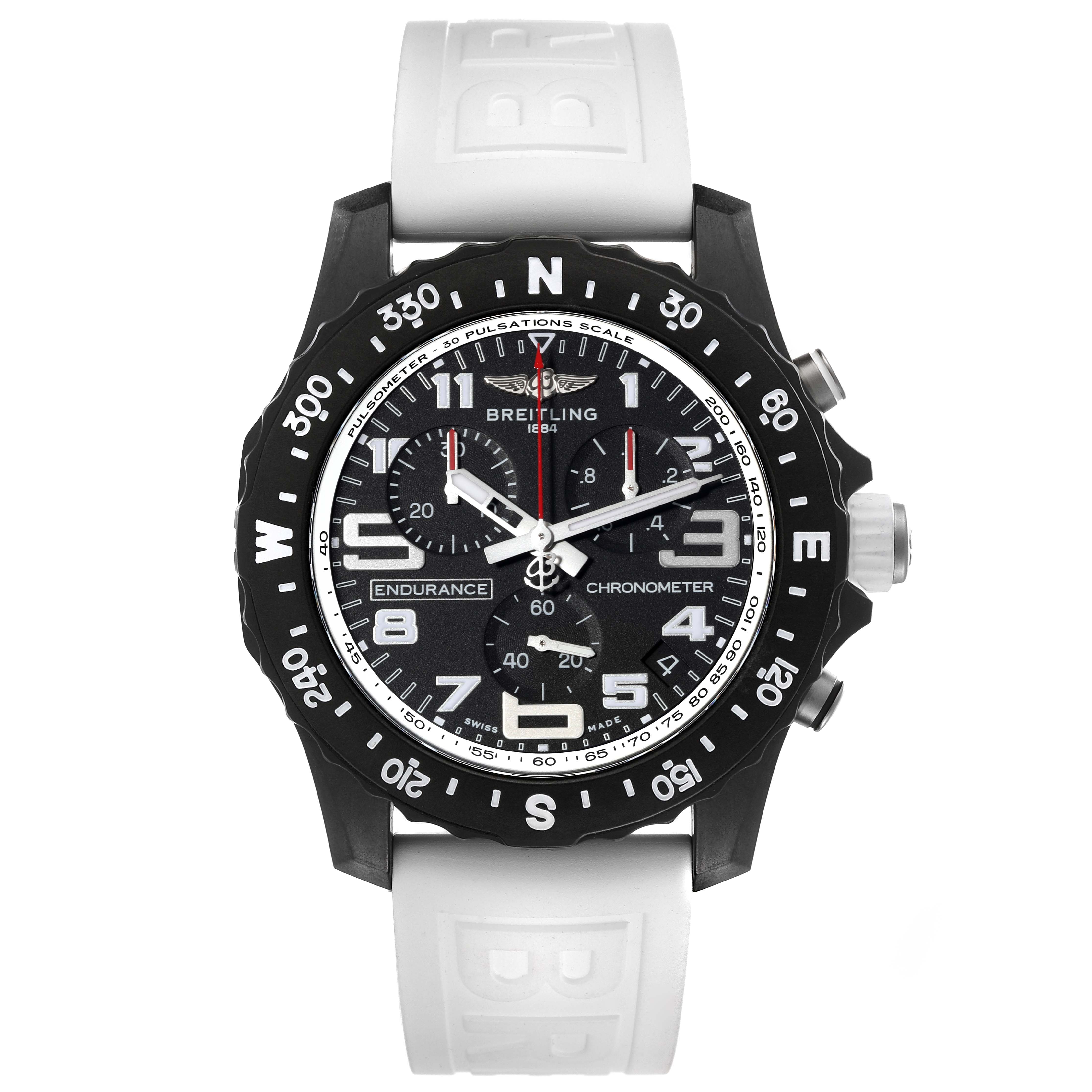 The image shows a front view of a Breitling Professional Series X82310 Men's Ceramic Black Dial X82310 Men's Ceramic Black Dial Endurance Chronometer watch with a white strap.