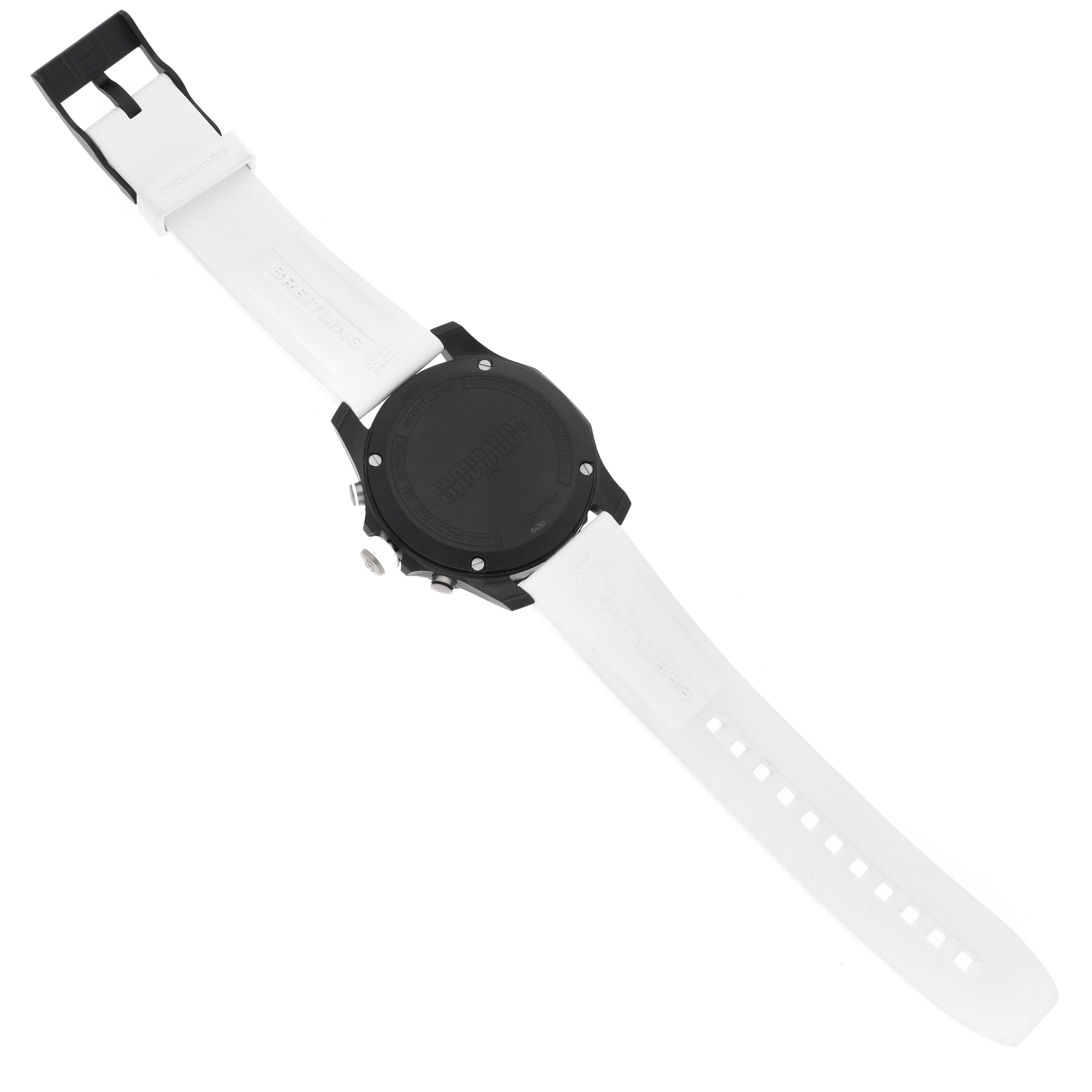 The image shows the back view and white strap of a Breitling Professional Series X82310 Men's Ceramic Black Dial X82310 Men's Ceramic Black Dial watch.