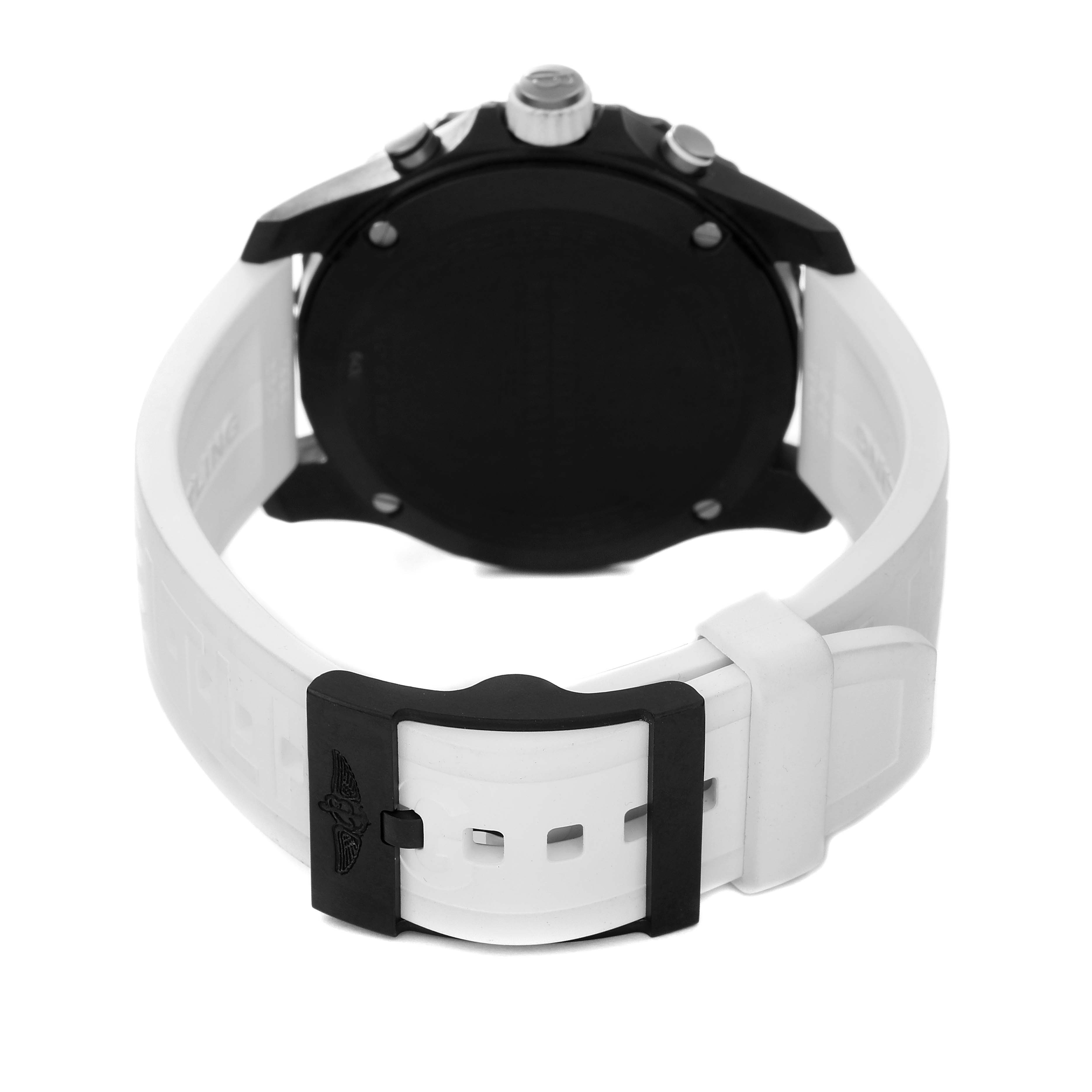 The image shows the back view of a Breitling Professional Series X82310 Men's Ceramic Black Dial X82310 Men's Ceramic Black Dial watch with a white strap and black buckle.