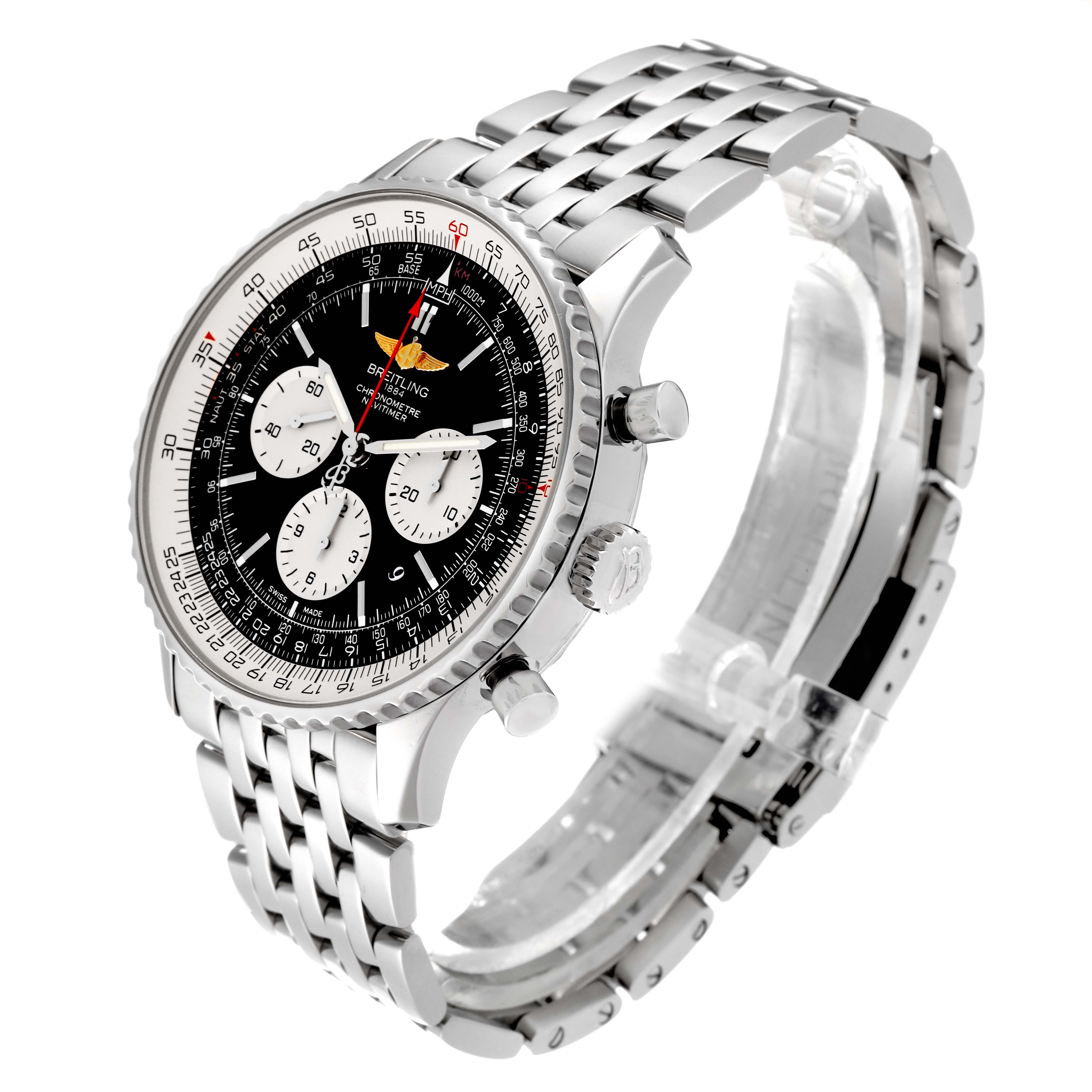 The image shows a Breitling Navitimer AB0127 Men's Stainless Steel Black Dial AB0127 Men's Stainless Steel Black Dial watch at a three-quarter angle, highlighting the dial, bezel, crown, and bracelet.