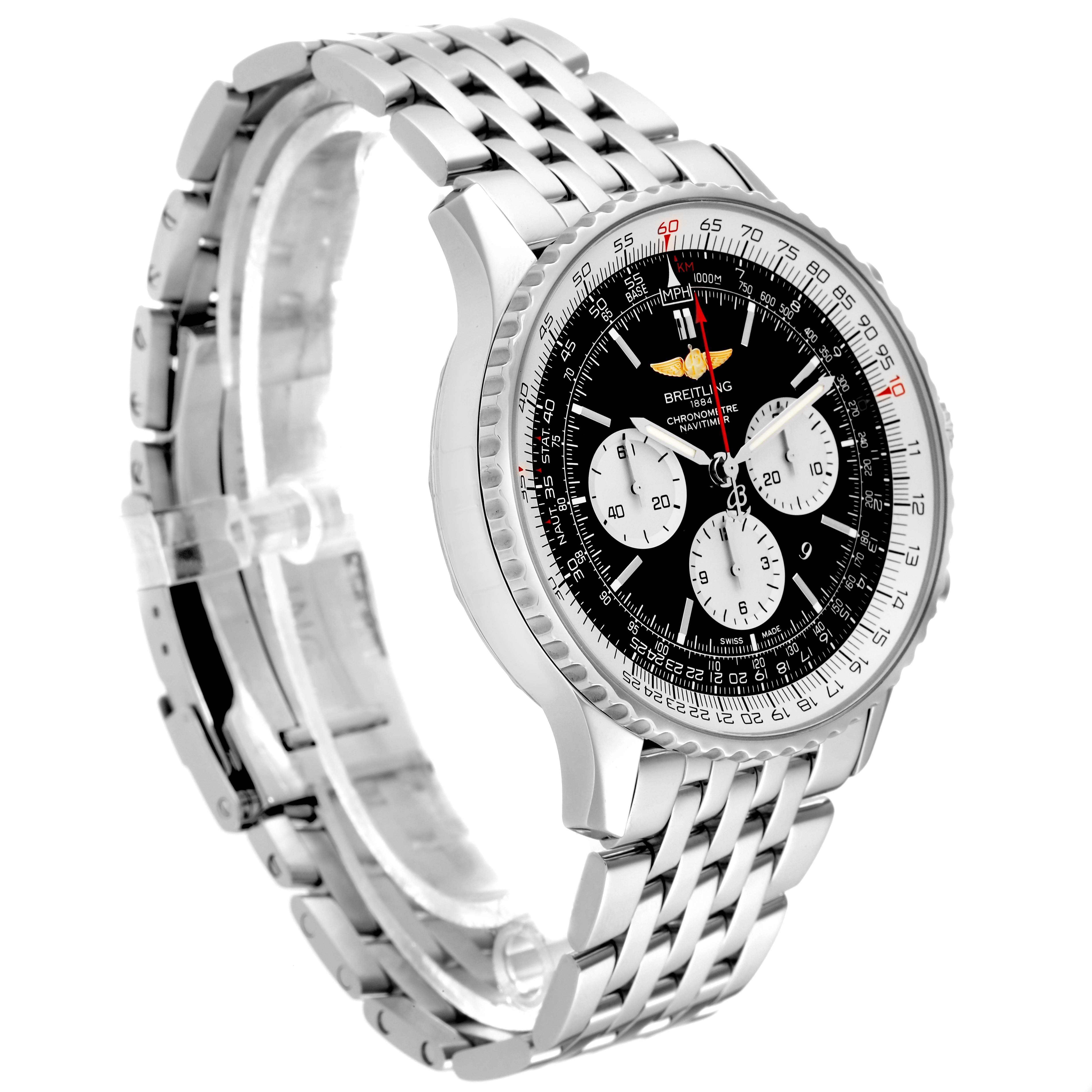 The Breitling Navitimer AB0127 Men's Stainless Steel Black Dial AB0127 Men's Stainless Steel Black Dial watch is shown at an angle highlighting the face and stainless steel bracelet.