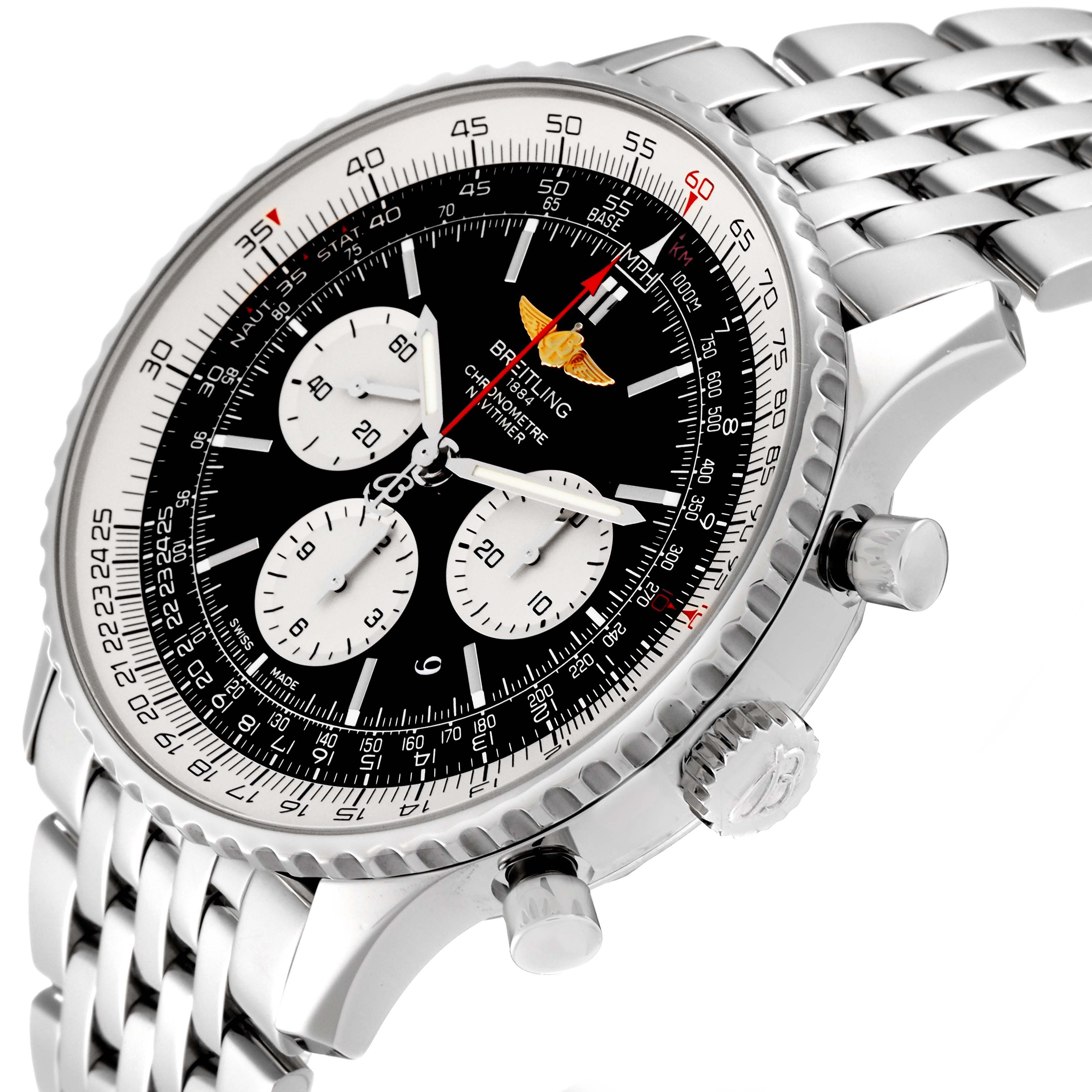 The image shows a close-up angle of the Breitling Navitimer AB0127 Men's Stainless Steel Black Dial AB0127 Men's Stainless Steel Black Dial watch's face and part of its metallic bracelet.