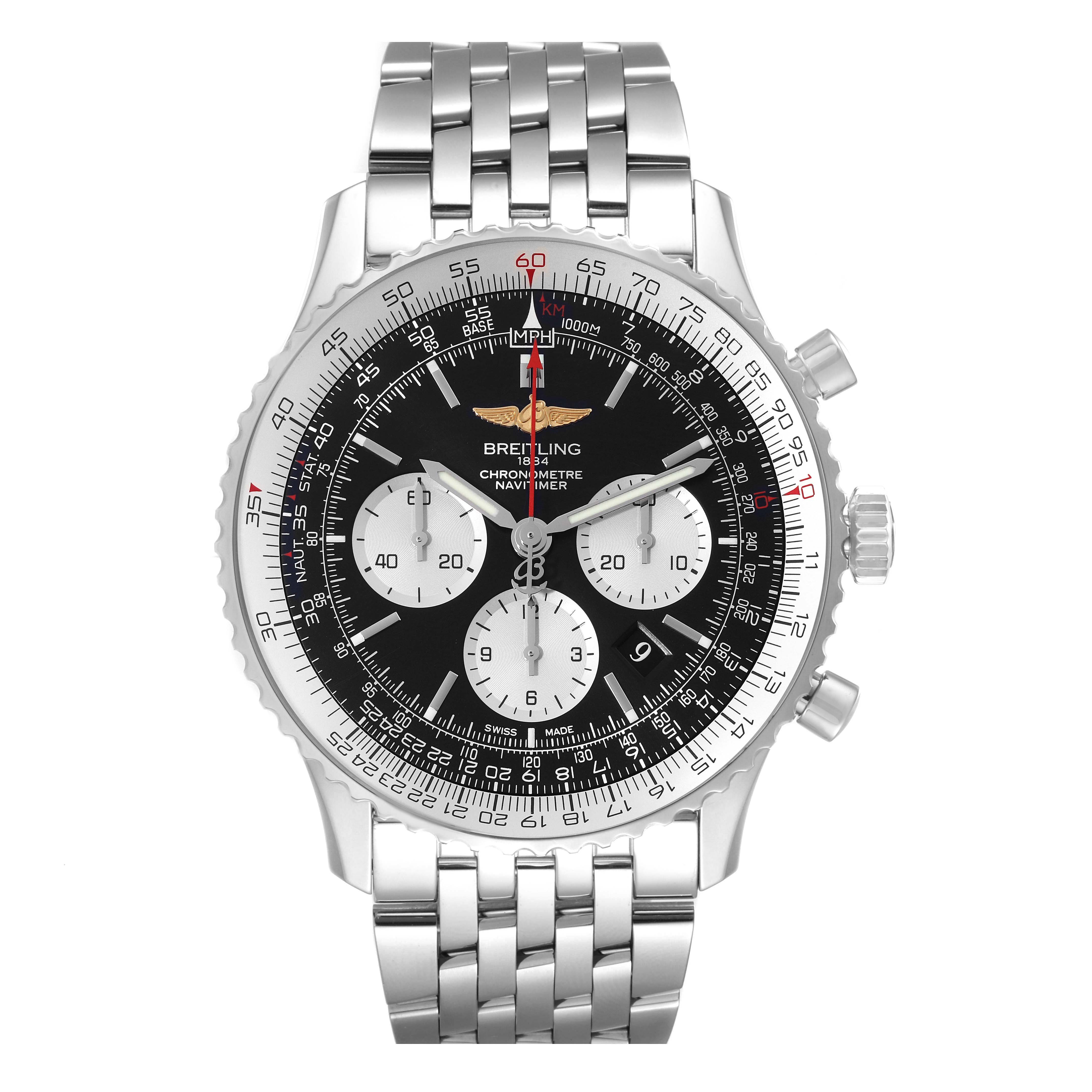 This image shows a front view of a Breitling Navitimer AB0127 Men's Stainless Steel Black Dial AB0127 Men's Stainless Steel Black Dial watch, highlighting its face, chronograph dials, and stainless steel bracelet.
