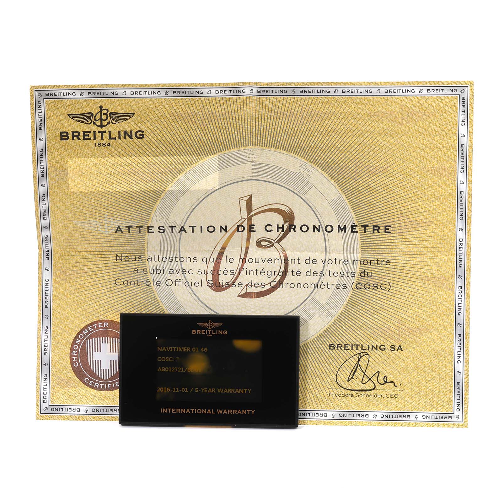 The image shows a Breitling Navitimer AB0127 Men's Stainless Steel Black Dial AB0127 Men's Stainless Steel Black Dial model warranty card and chronometer certification document.