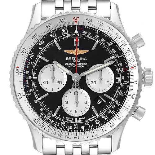 The image shows a front view of a Breitling Navitimer watch, highlighting its dial, sub-dials, bezel, and bracelet.