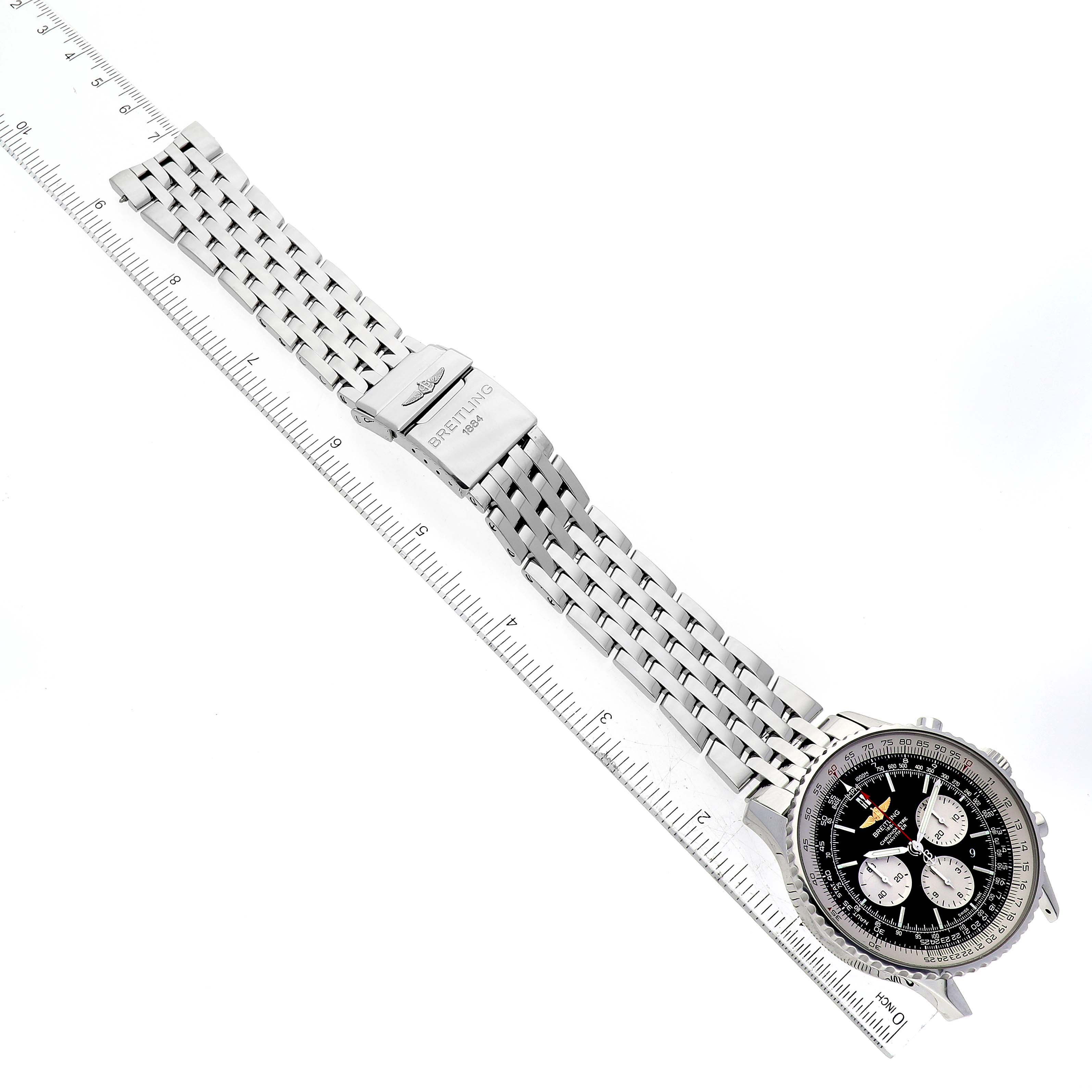 The image shows a top-down view of a Breitling Navitimer AB0127 Men's Stainless Steel Black Dial AB0127 Men's Stainless Steel Black Dial watch, highlighting the watch face, bezel, and stainless steel bracelet.