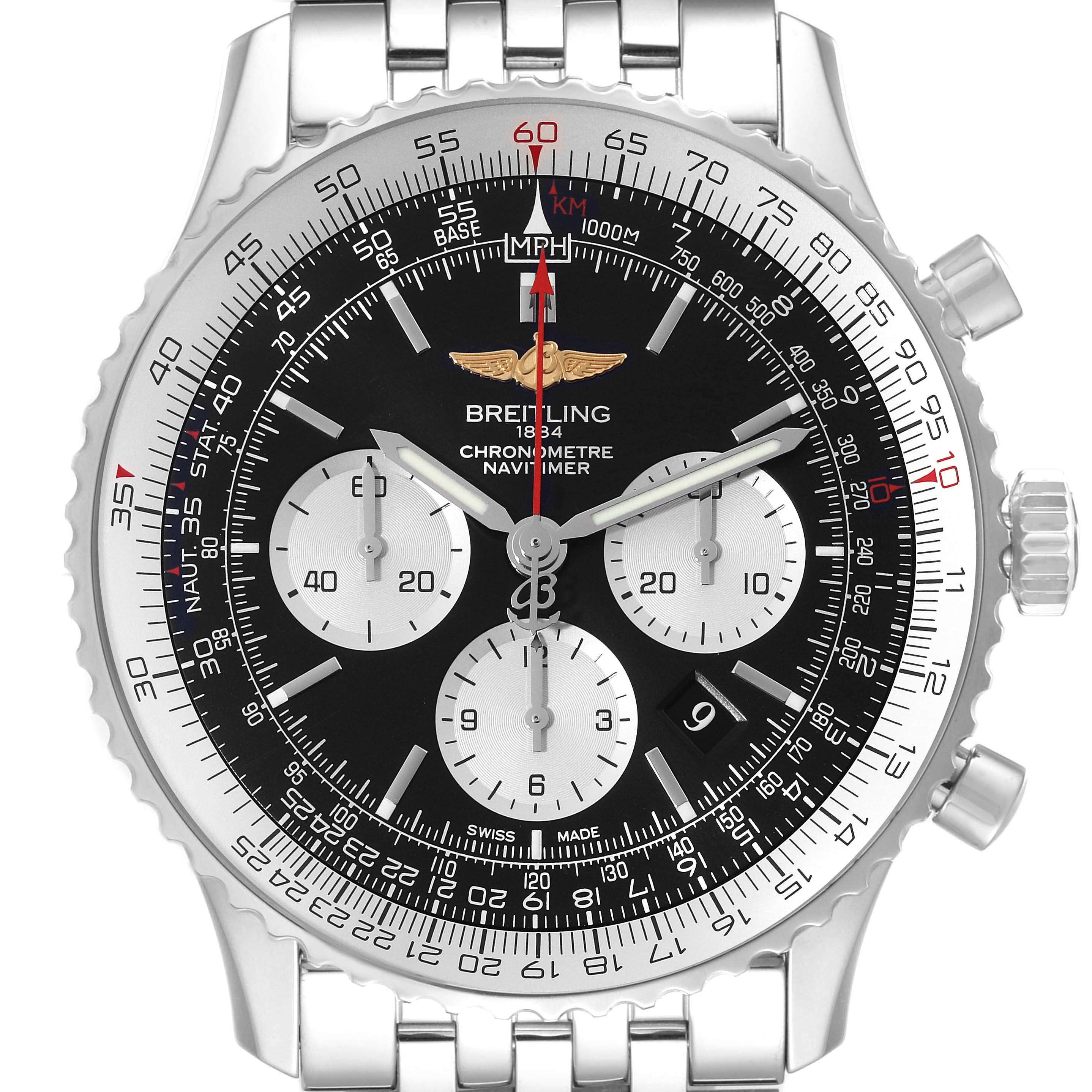 The image shows a front view of a Breitling Navitimer AB0127 Men's Stainless Steel Black Dial AB0127 Men's Stainless Steel Black Dial watch, displaying the face, bezel, chronograph sub-dials, and part of the stainless steel bracelet.