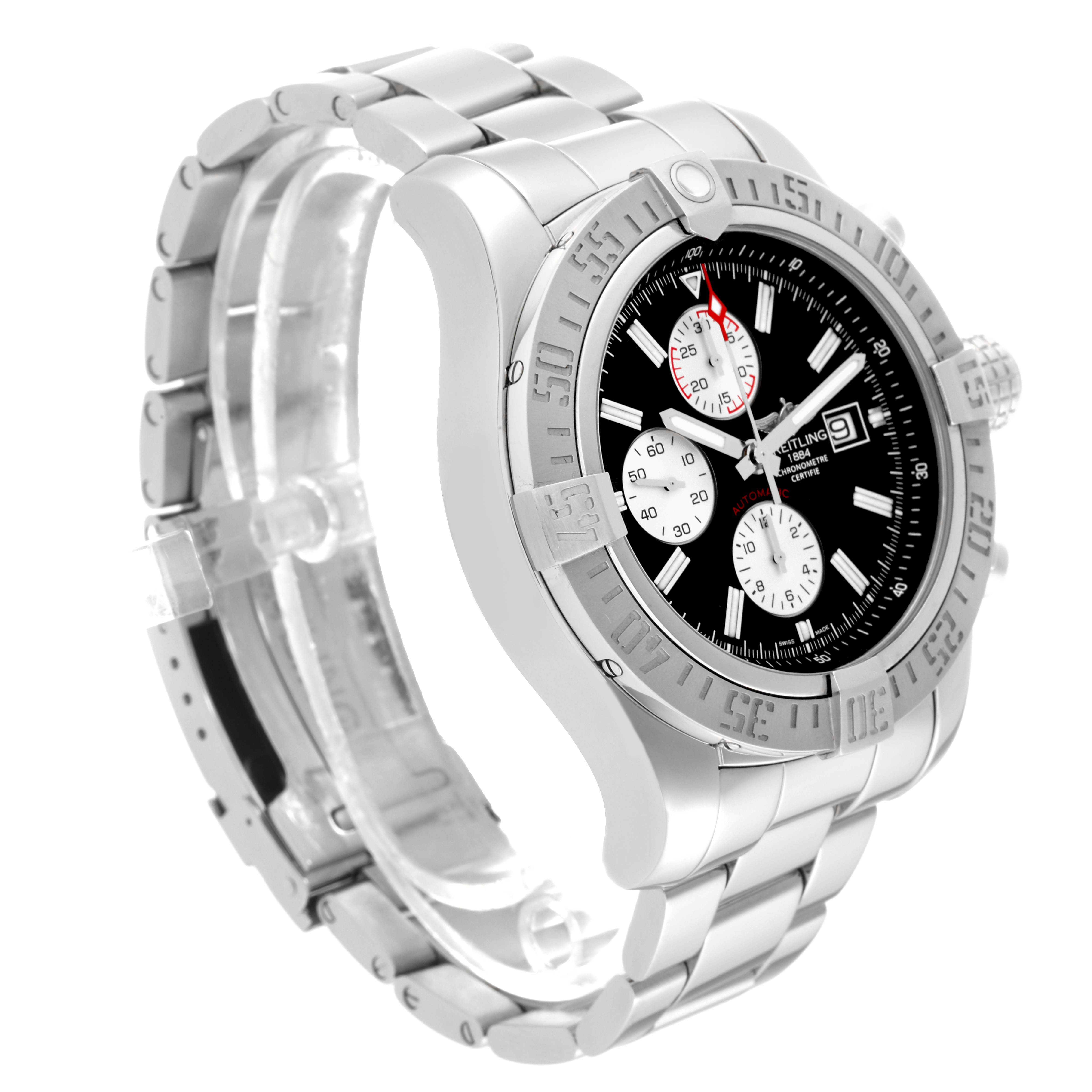 The Breitling Avenger A13371 Men's Stainless Steel Black Dial A13371 Men's Stainless Steel Black Dial watch is shown at a three-quarter angle displaying the face, bezel, and stainless steel bracelet.