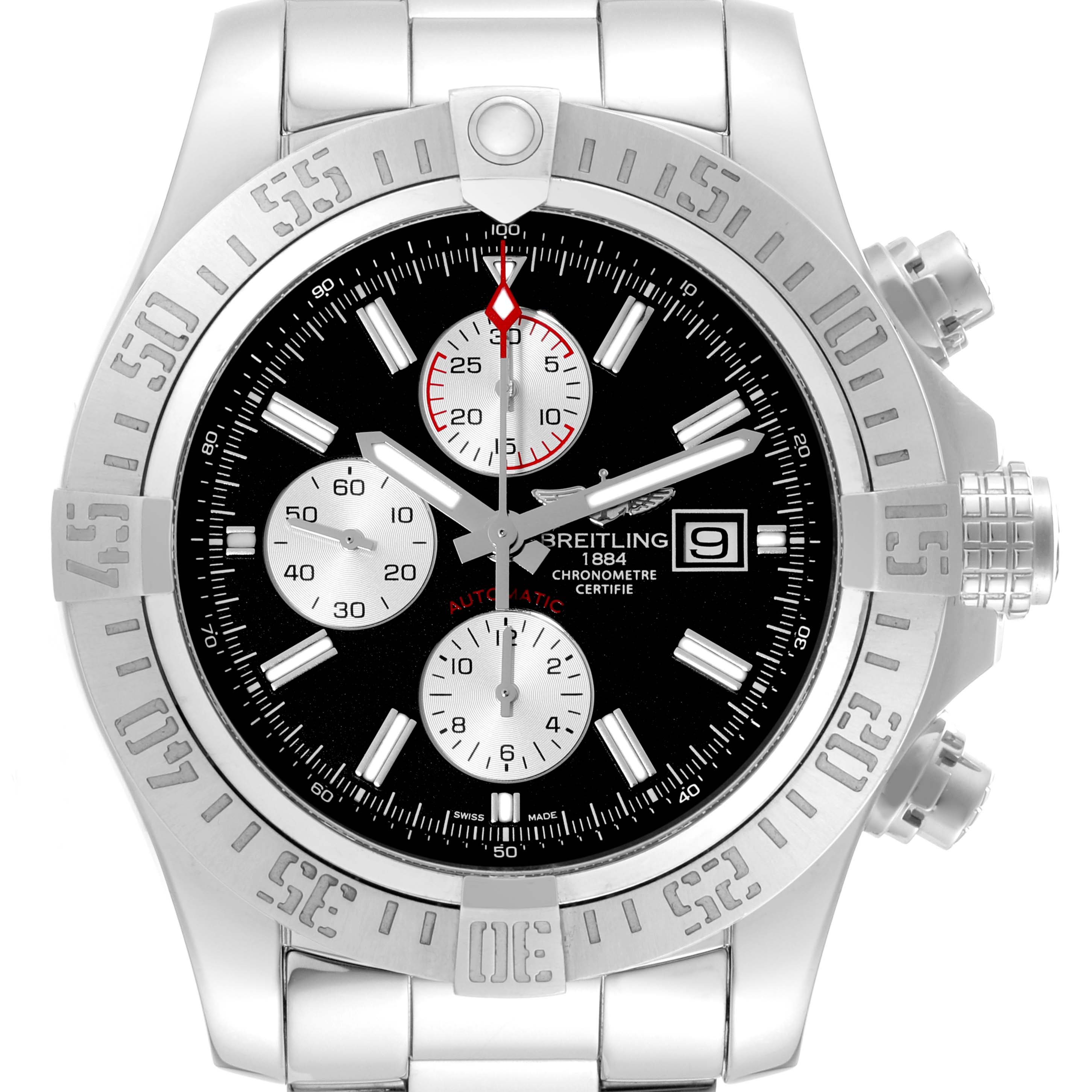 This image shows a front view of the Breitling Avenger A13371 Men's Stainless Steel Black Dial A13371 Men's Stainless Steel Black Dial watch, highlighting its dial, bezel, sub-dials, and crown.
