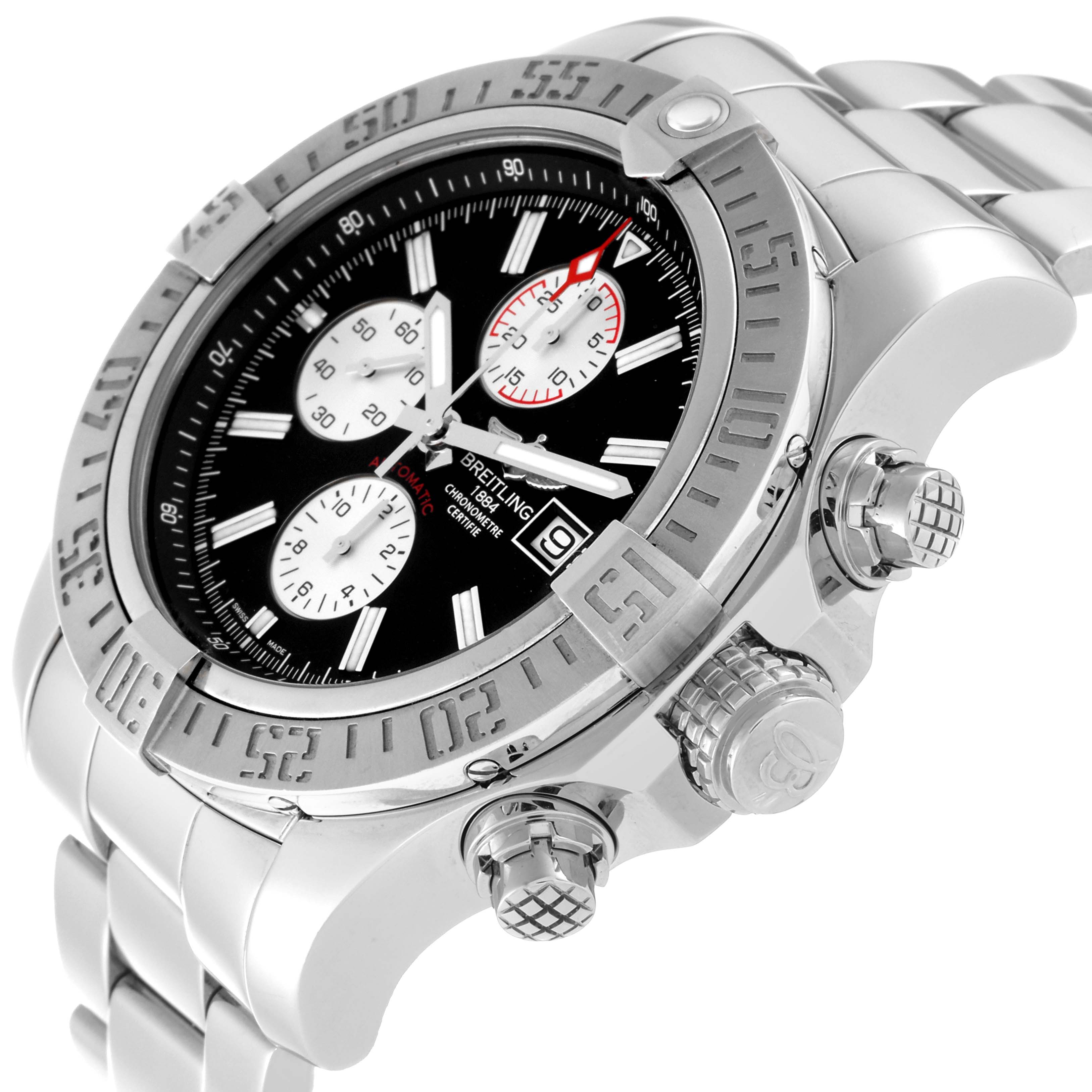 The image shows a close-up side angle of the Breitling Avenger A13371 Men's Stainless Steel Black Dial A13371 Men's Stainless Steel Black Dial watch, highlighting its dial, bezel, and pushers.