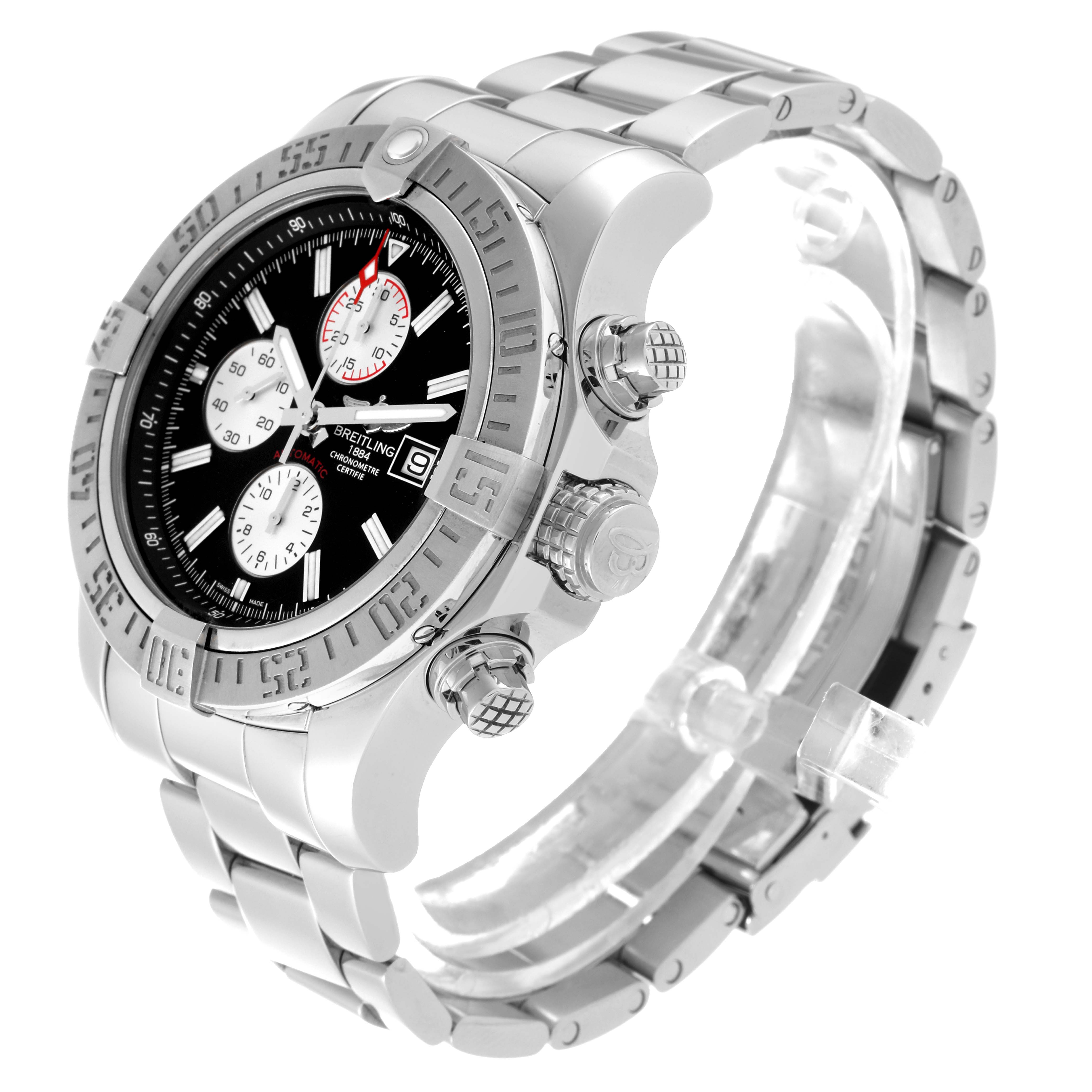 The image shows a Breitling Avenger A13371 Men's Stainless Steel Black Dial A13371 Men's Stainless Steel Black Dial watch from an angled side view, highlighting its case, bezel, crown, and stainless steel bracelet.