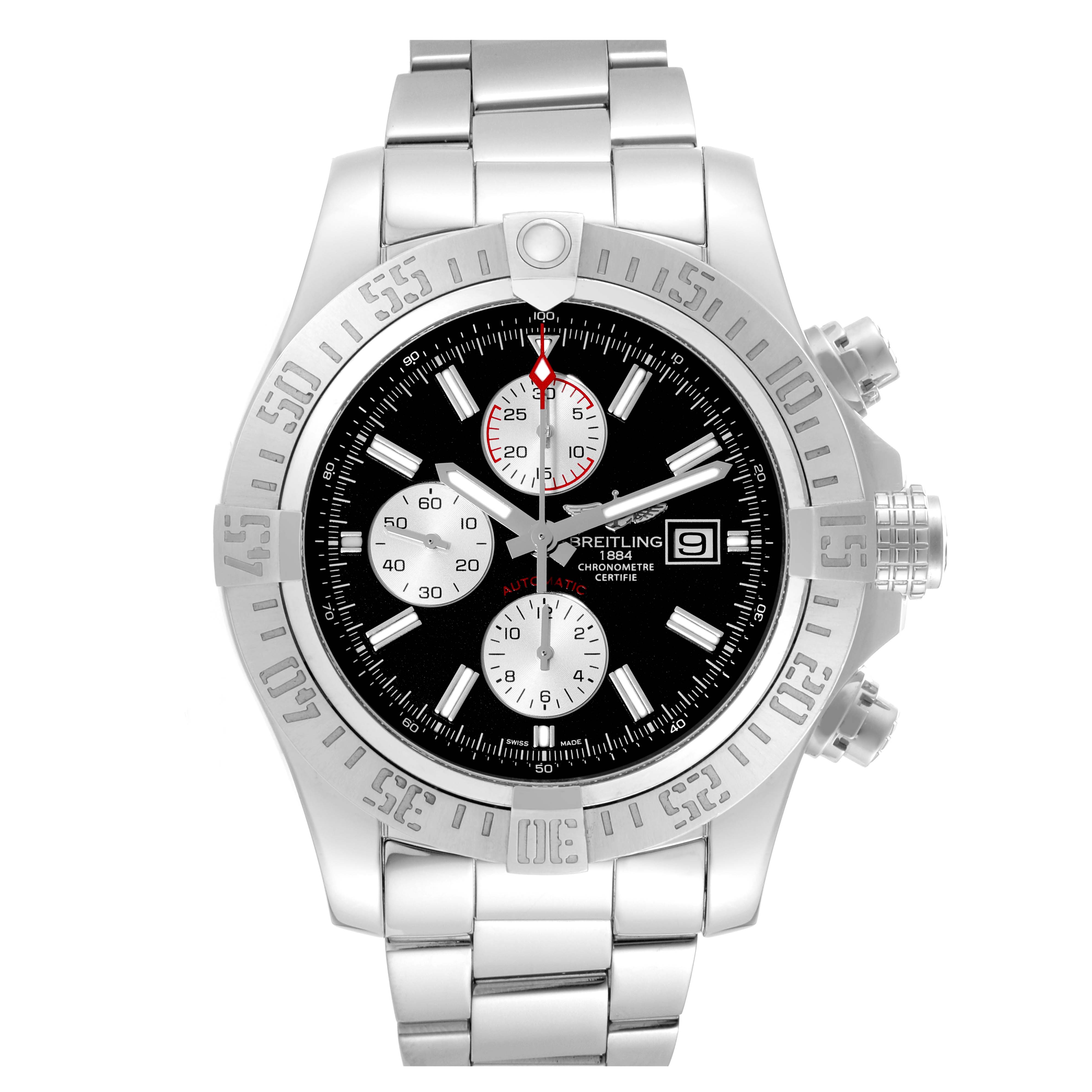 This image shows a front view of a Breitling Avenger A13371 Men's Stainless Steel Black Dial A13371 Men's Stainless Steel Black Dial watch, displaying its face, bezel, and part of the metal bracelet.