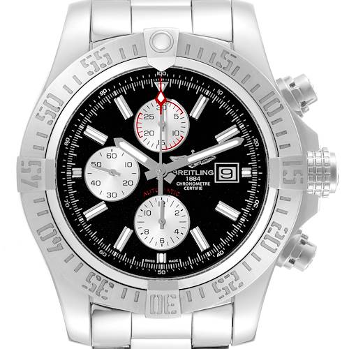 The image shows a frontal view of the Breitling Avenger watch, highlighting its face, bezel, and pushers.