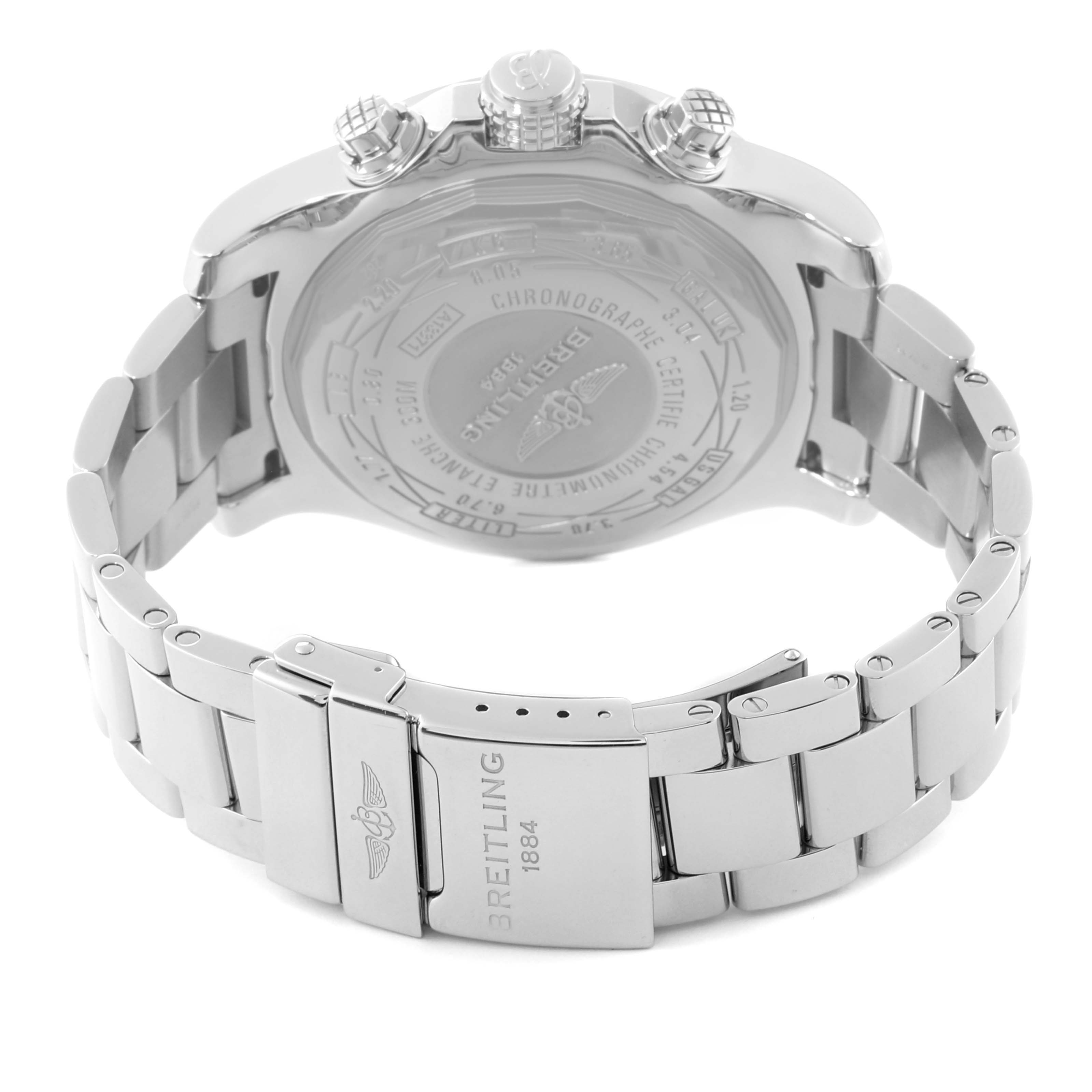 This is a rear view of the Breitling Avenger A13371 Men's Stainless Steel Black Dial A13371 Men's Stainless Steel Black Dial watch showing its stainless steel back, bracelet, and clasp.