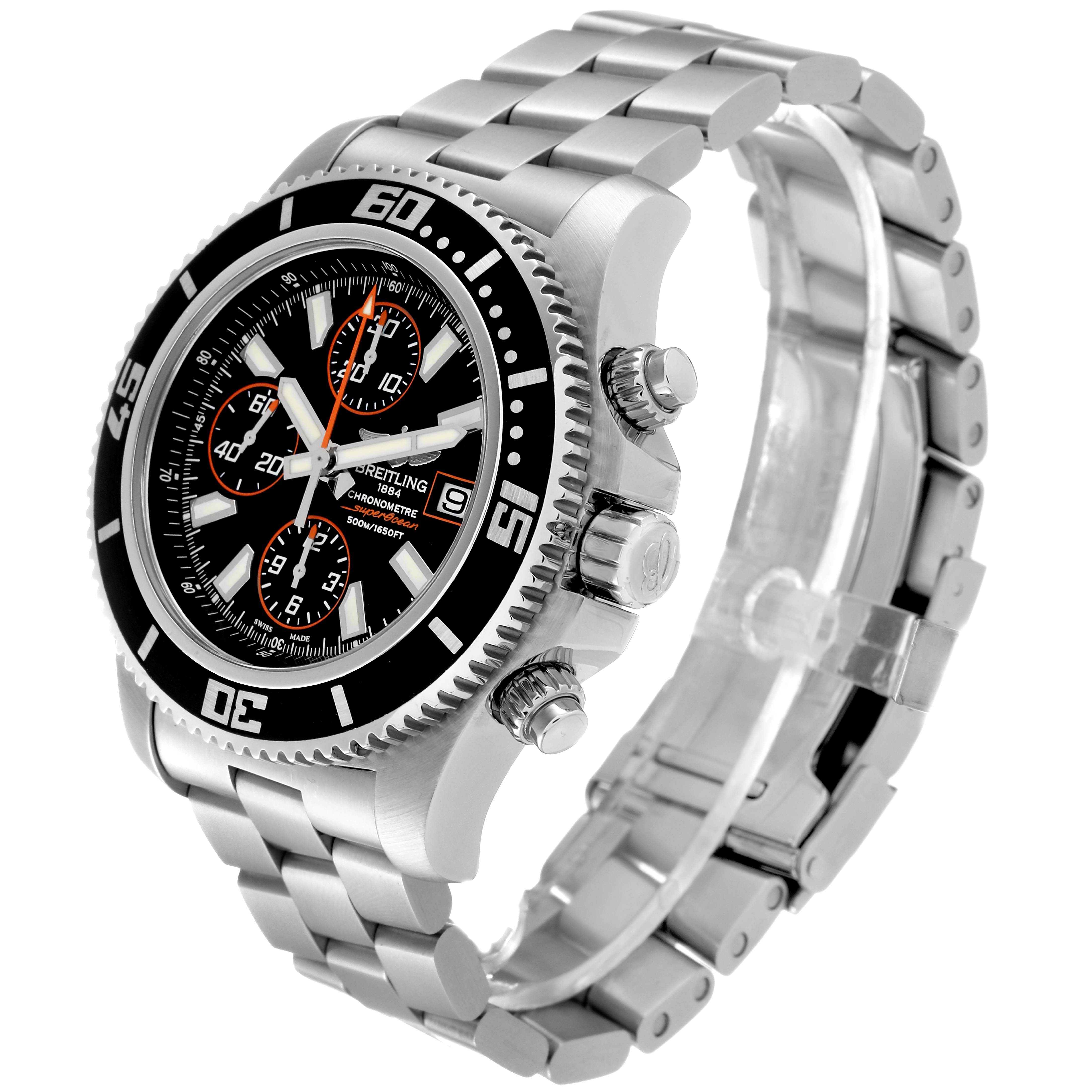 The Breitling Superocean A13341 Men's Stainless Steel Black Dial A13341 Men's Stainless Steel Black Dial watch is shown at an angled side view, highlighting its bezel, crown, chronograph dials, and metal bracelet.