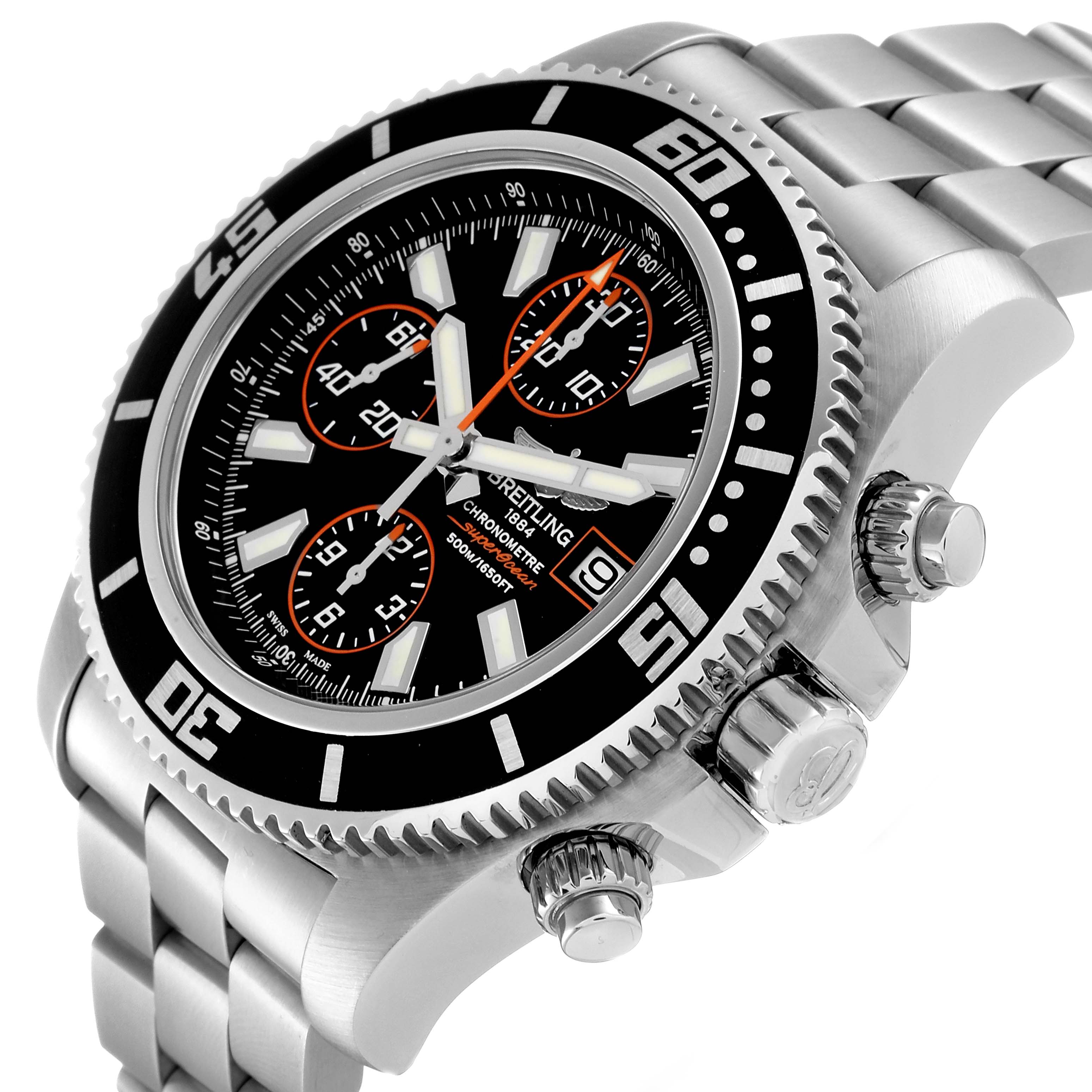 The image shows a Breitling Superocean A13341 Men's Stainless Steel Black Dial A13341 Men's Stainless Steel Black Dial watch at an angled close-up, highlighting the bezel, dial, and bracelet.