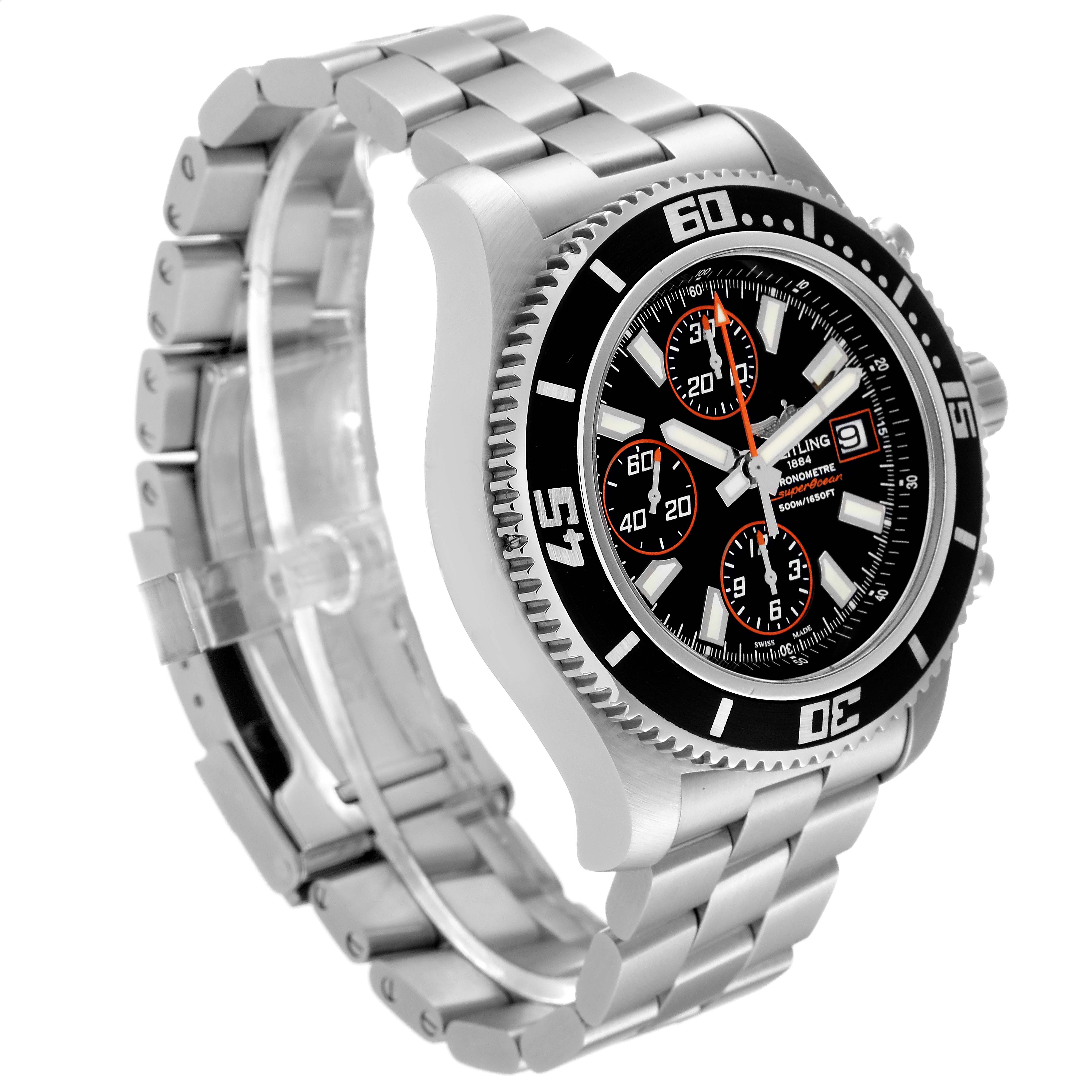 The image shows a side and partially angled front view of a Breitling Superocean A13341 Men's Stainless Steel Black Dial A13341 Men's Stainless Steel Black Dial watch, highlighting its face, bezel, and metal bracelet.
