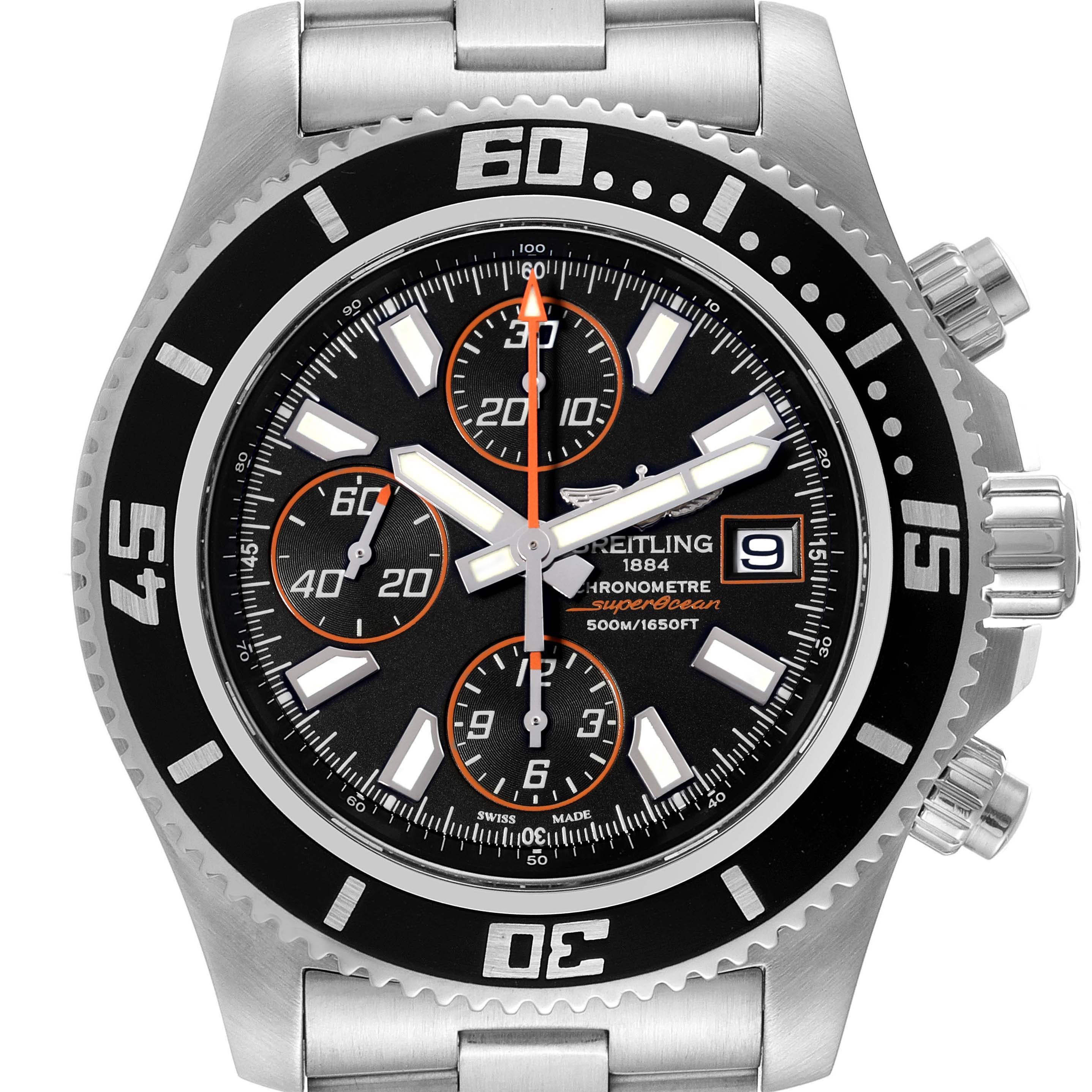 This image shows a close-up front view of a Breitling Superocean A13341 Men's Stainless Steel Black Dial A13341 Men's Stainless Steel Black Dial watch, highlighting the dial, bezel, and part of the bracelet.