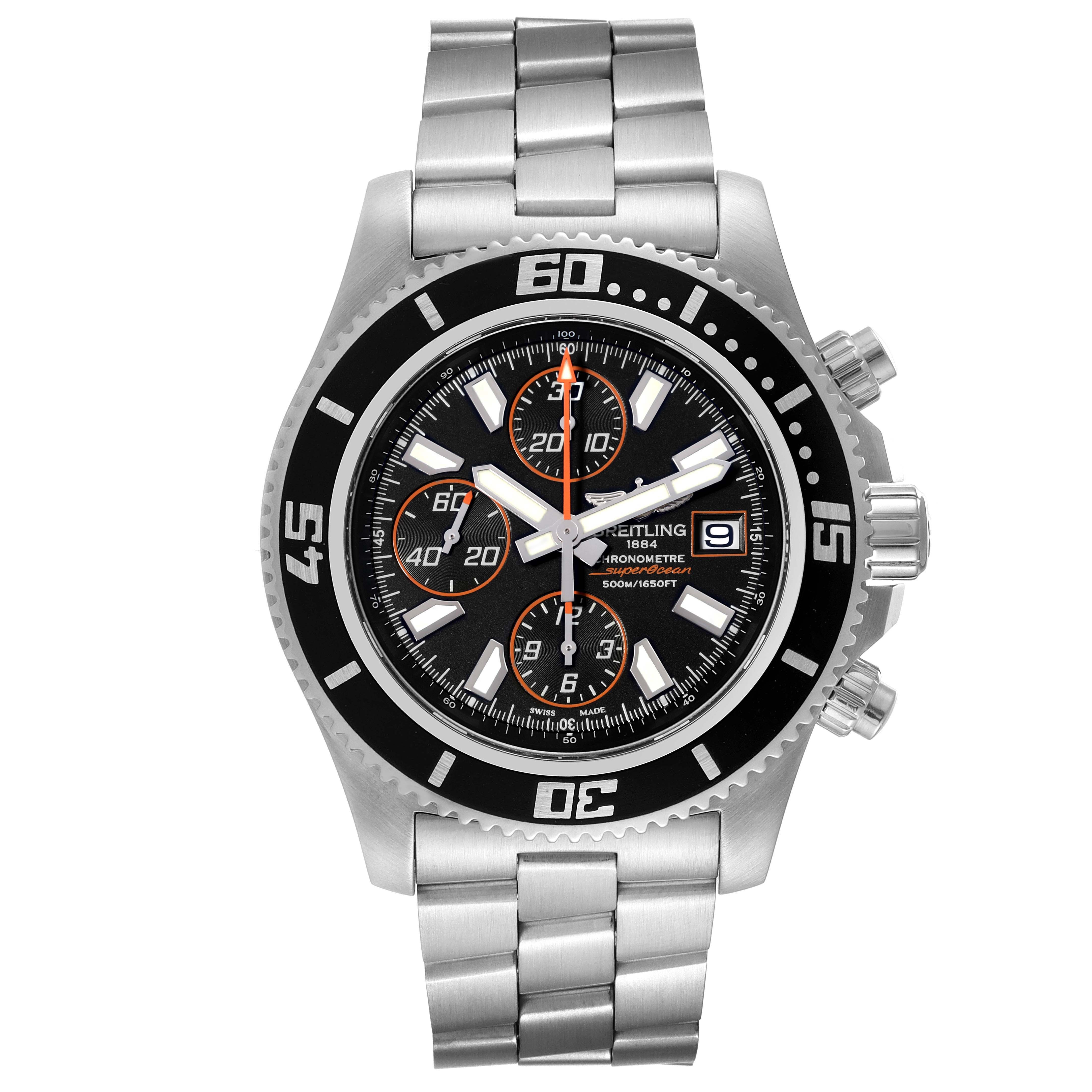 The image shows a front view of a Breitling Superocean A13341 Men's Stainless Steel Black Dial A13341 Men's Stainless Steel Black Dial watch, displaying its dial, bezel, and stainless steel bracelet.