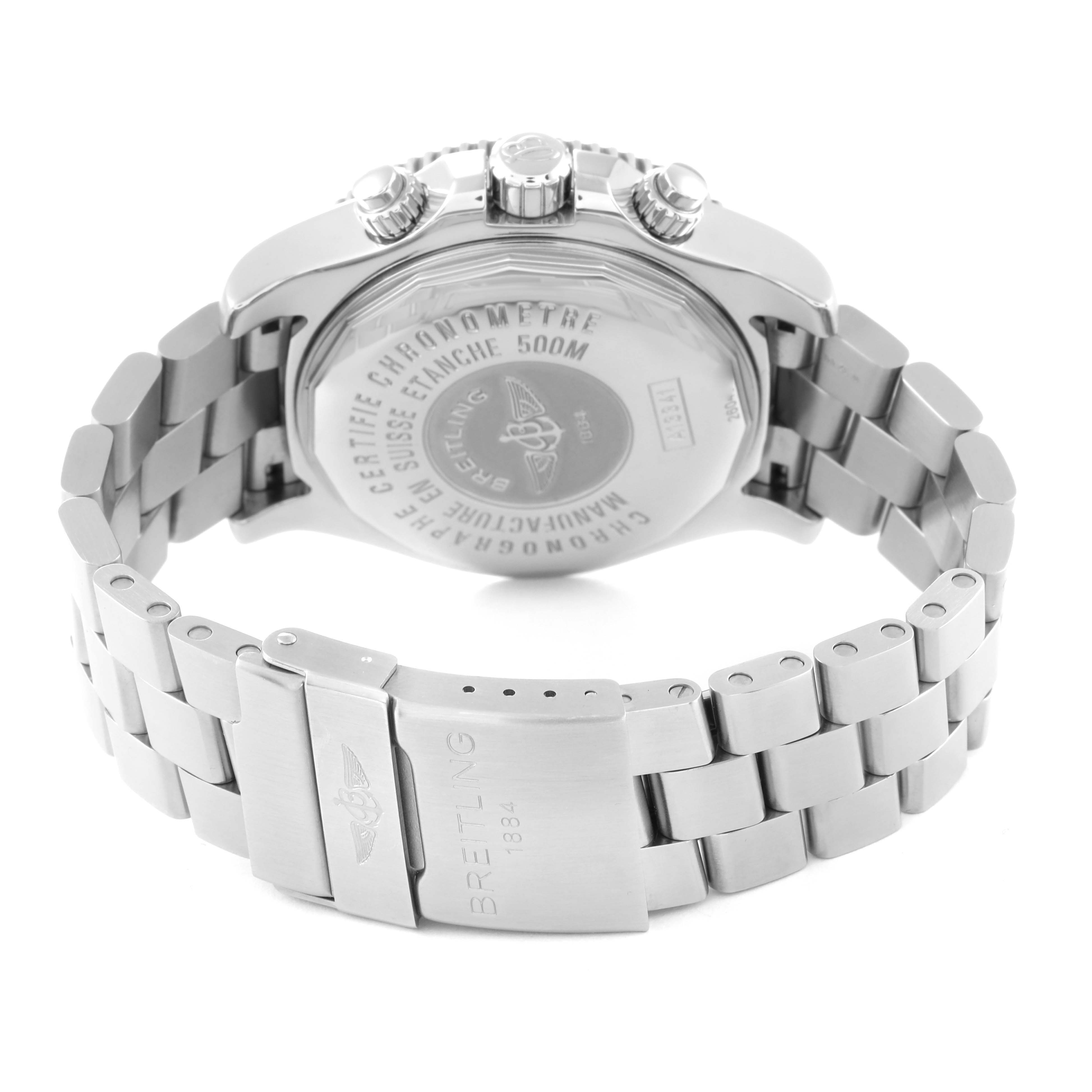 The image shows the back case, crown, and stainless steel bracelet of a Breitling Superocean A13341 Men's Stainless Steel Black Dial A13341 Men's Stainless Steel Black Dial watch at an oblique angle.