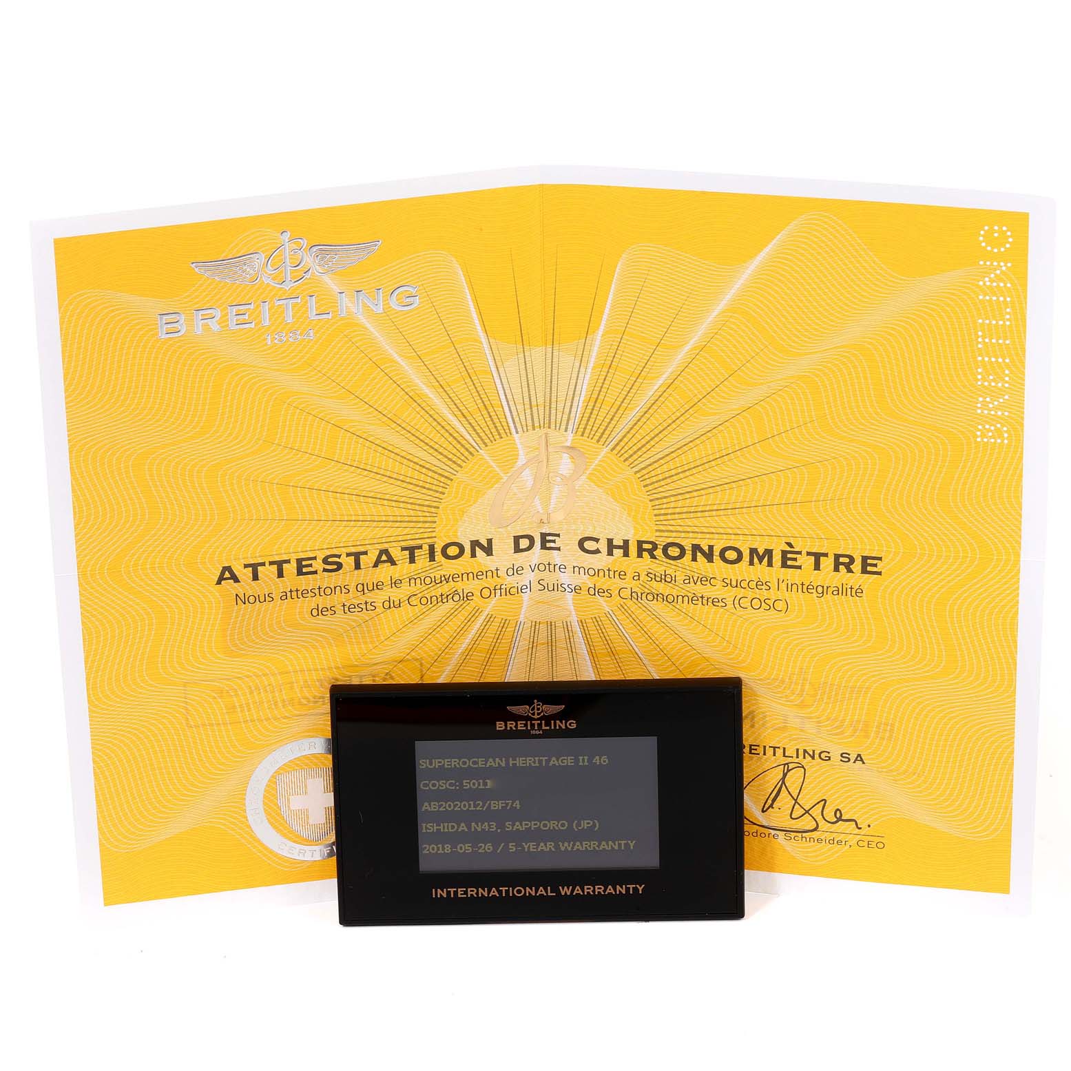 The image shows the certification and international warranty card for a Breitling Superocean AB202016-C961-152A Men
s Stainless Steel Black Dial AB202016-C961-152A Men
s Stainless Steel Black Dial watch model.