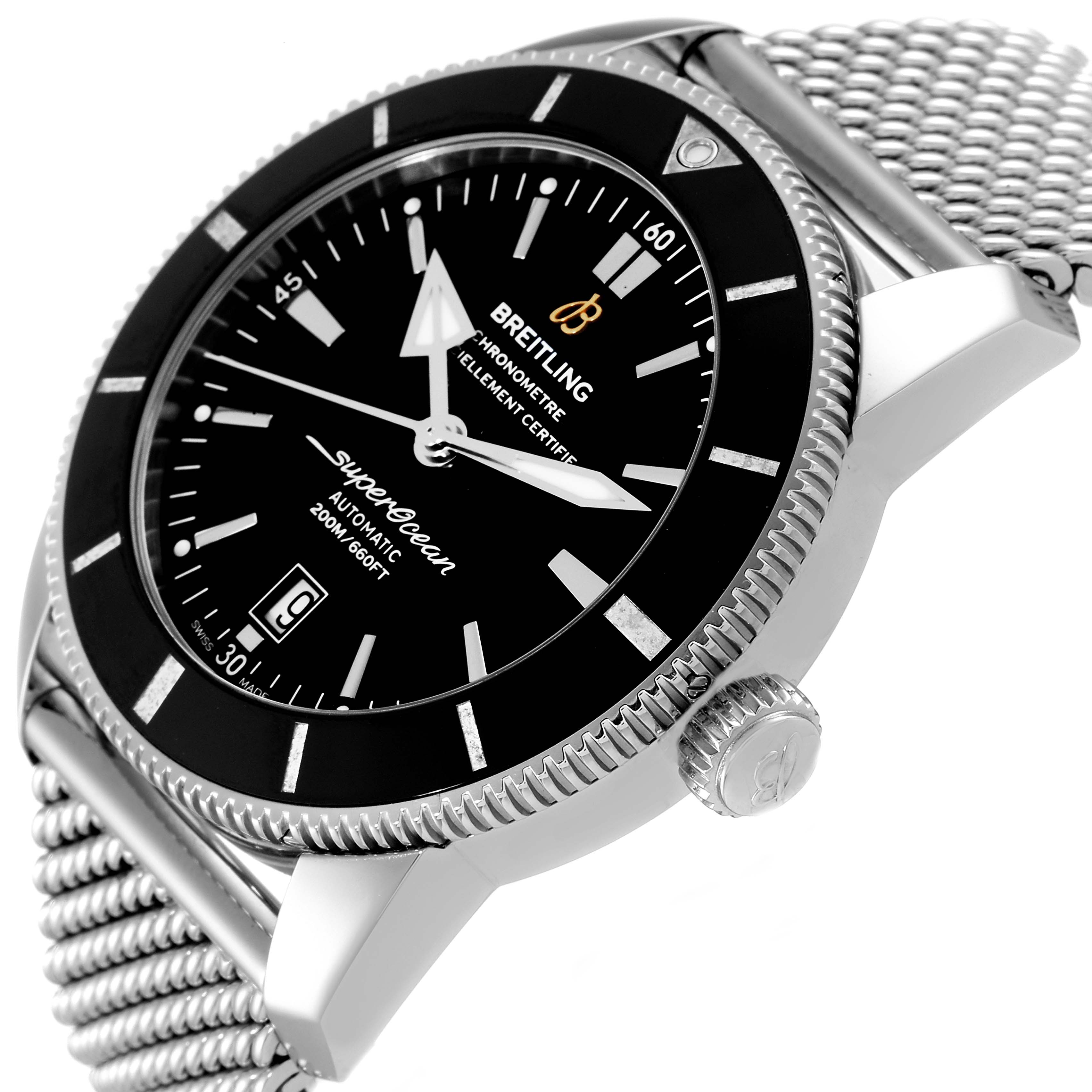 The image shows the Breitling Superocean AB202016-C961-152A Men
s Stainless Steel Black Dial AB202016-C961-152A Men
s Stainless Steel Black Dial model watch from a side angle, highlighting its face, bezel, crown, and mesh strap.