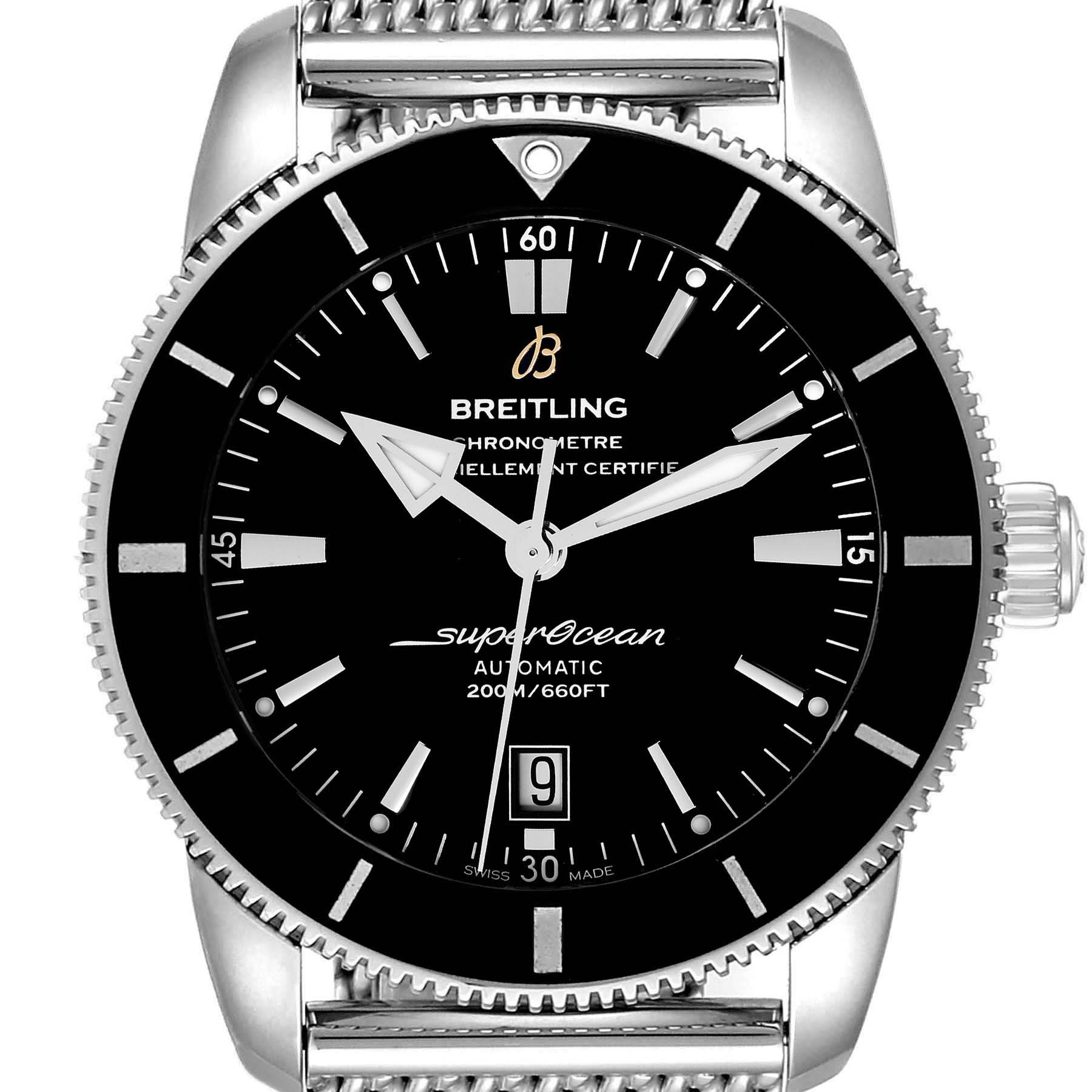 This image shows a Breitling Superocean AB202016-C961-152A Men
s Stainless Steel Black Dial AB202016-C961-152A Men
s Stainless Steel Black Dial watch face from a head-on angle, highlighting the dial, bezel, hands, and a portion of the bracelet.