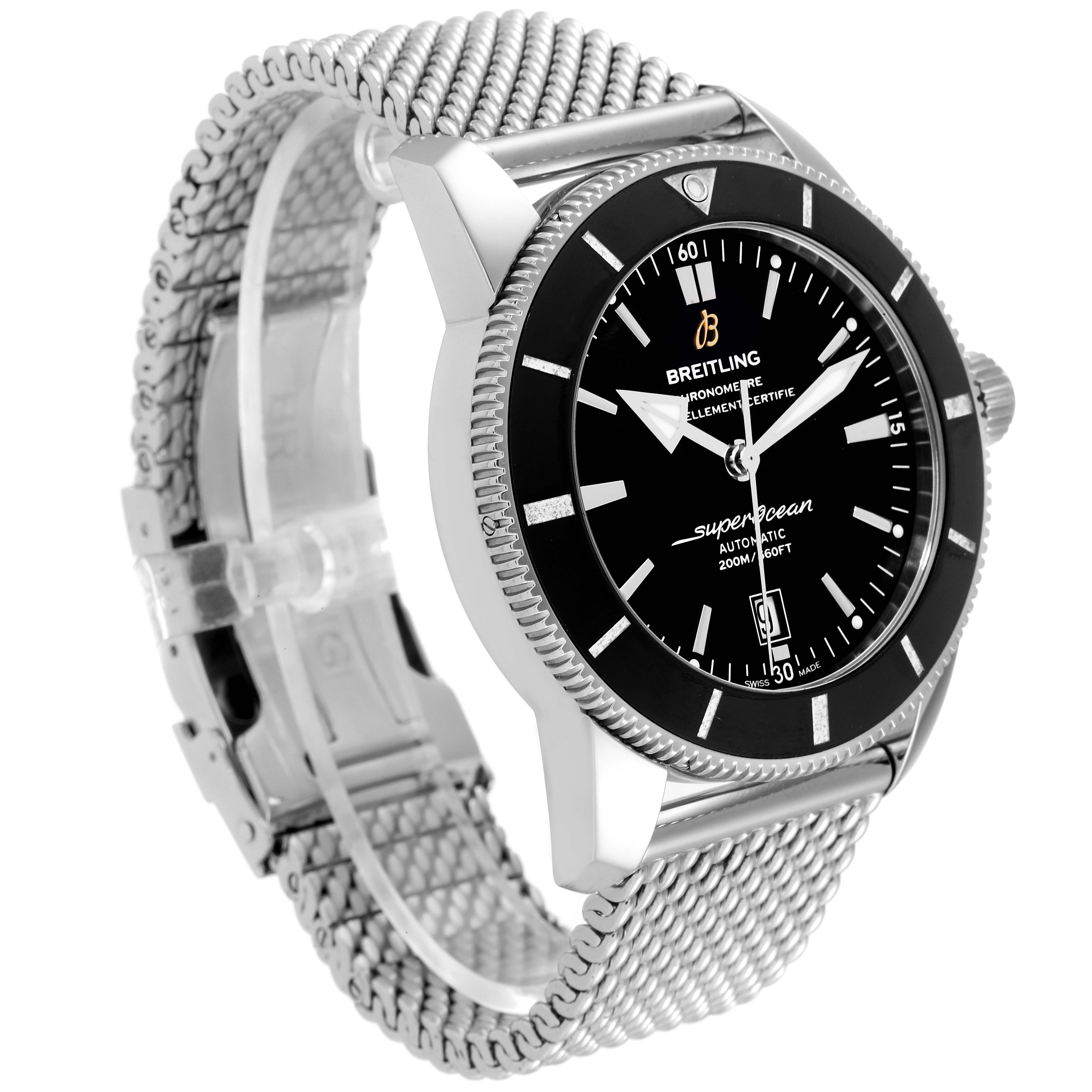 The image shows a side angle of the Breitling Superocean AB202016-C961-152A Men
s Stainless Steel Black Dial AB202016-C961-152A Men
s Stainless Steel Black Dial watch, highlighting its black dial, bezel, and mesh bracelet.