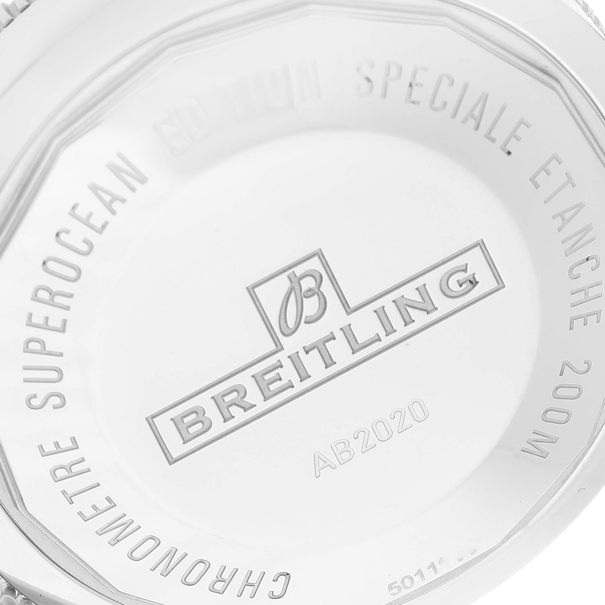 The image shows the case back of a Breitling Superocean AB202016-C961-152A Men
s Stainless Steel Black Dial AB202016-C961-152A Men
s Stainless Steel Black Dial watch, displaying brand details and water resistance information.