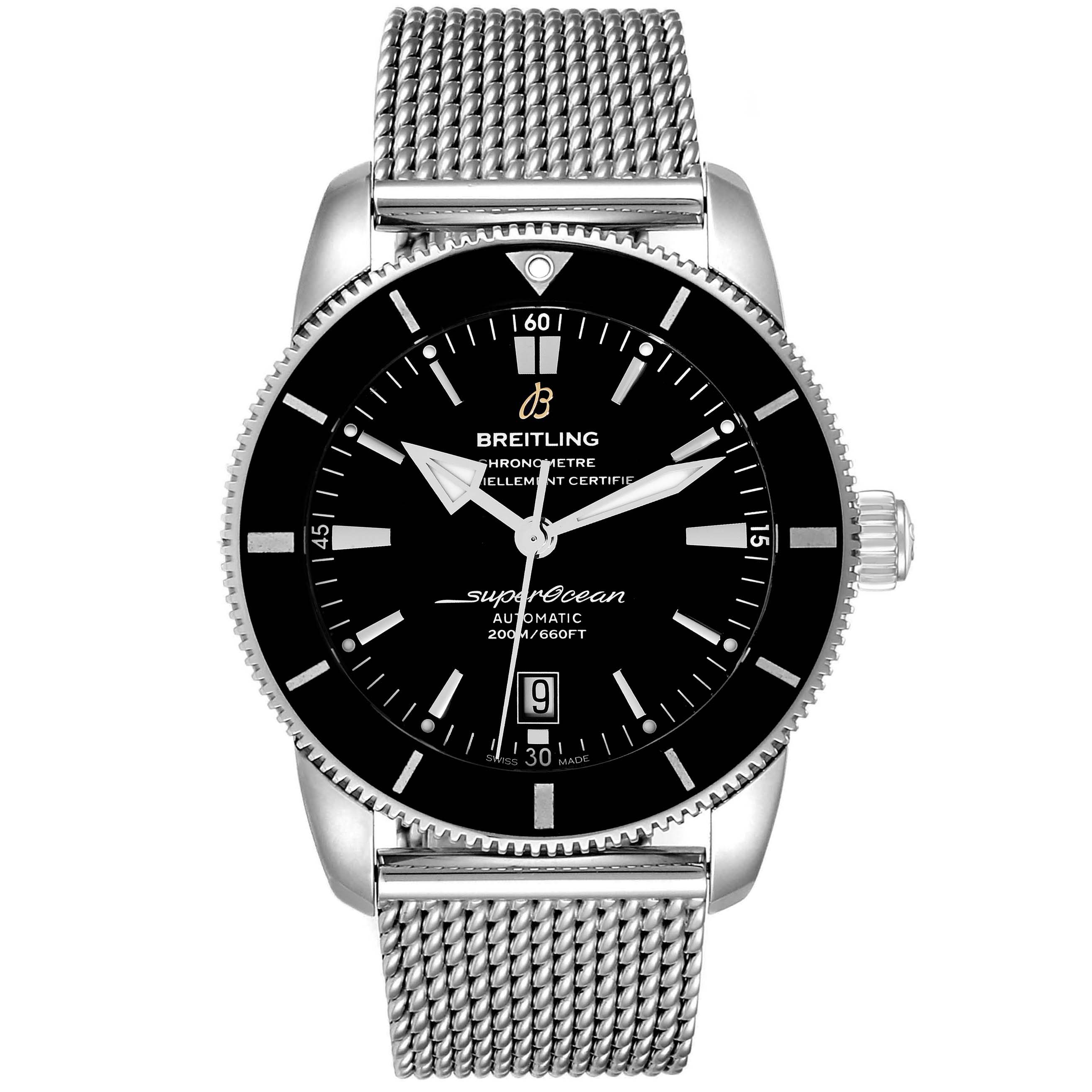 The image shows a front view of the Breitling Superocean AB202016-C961-152A Men
s Stainless Steel Black Dial AB202016-C961-152A Men
s Stainless Steel Black Dial watch, featuring its face, bezel, crown, and mesh bracelet.