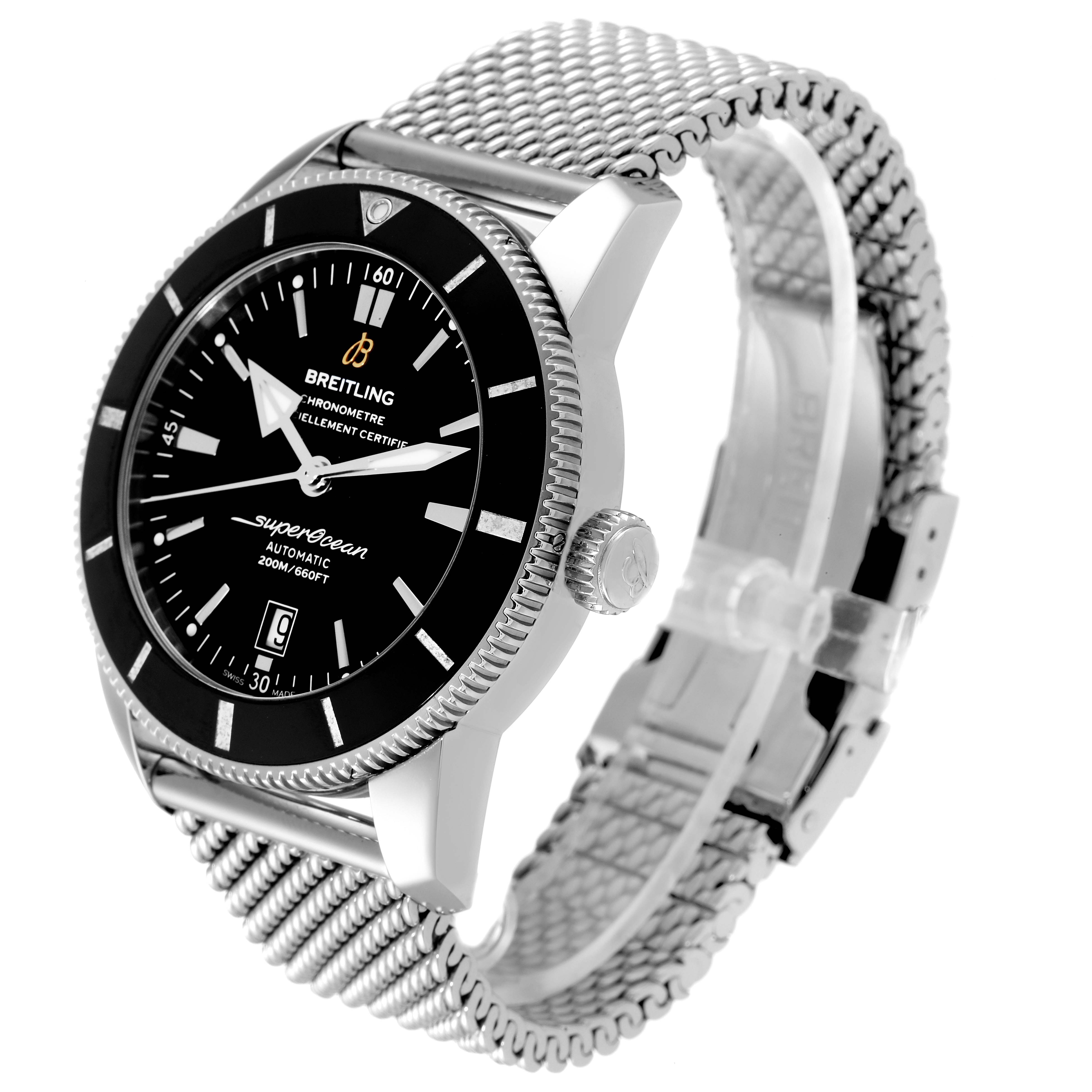 The image shows a Breitling Superocean AB202016-C961-152A Men
s Stainless Steel Black Dial AB202016-C961-152A Men
s Stainless Steel Black Dial watch at a three-quarter angle, highlighting its dial, bezel, crown, and mesh bracelet.